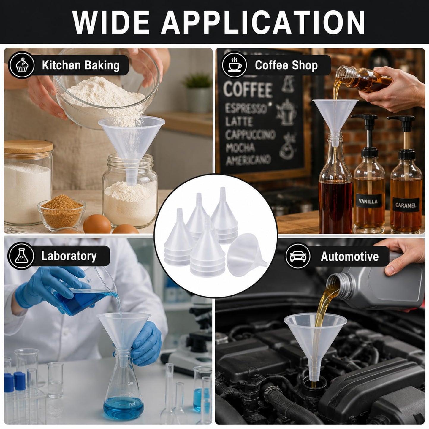 CYEAH 8 Pcs Plastic Funnels, 6 Inch Wide Mouth Large Funnel, Clear Plastic Filter Funnel Liquid Transfer Funnels for Filling Bottles, Liquid, Spices, Powder, Lotion, Oils