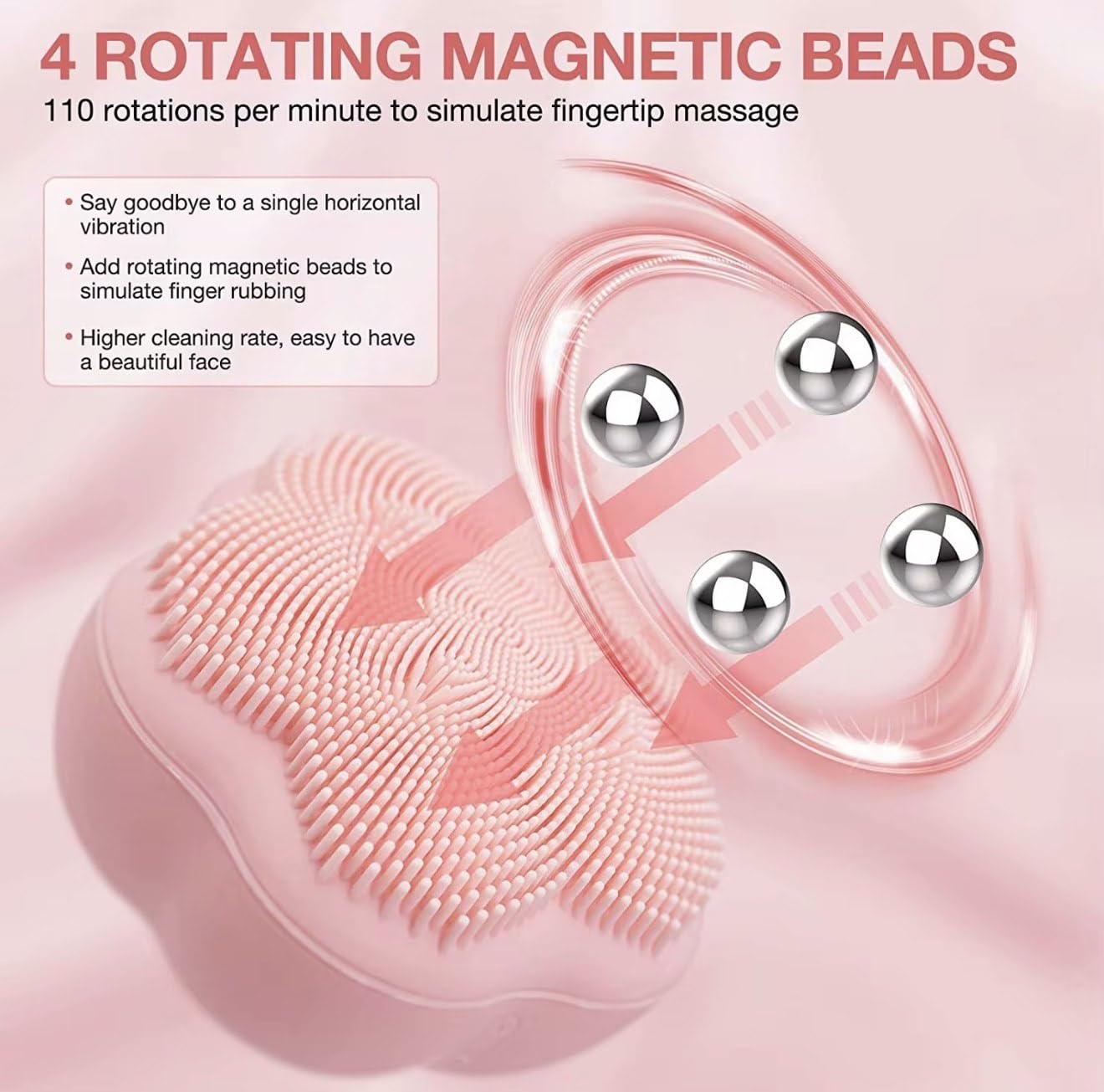 BEAUTIVANA Smart Facial Cleansing Device with Silicone Brush, 4 Modes, Magnetic Bead Massage, Rechargeable Waterproof Electric Face Cleanser, Pink