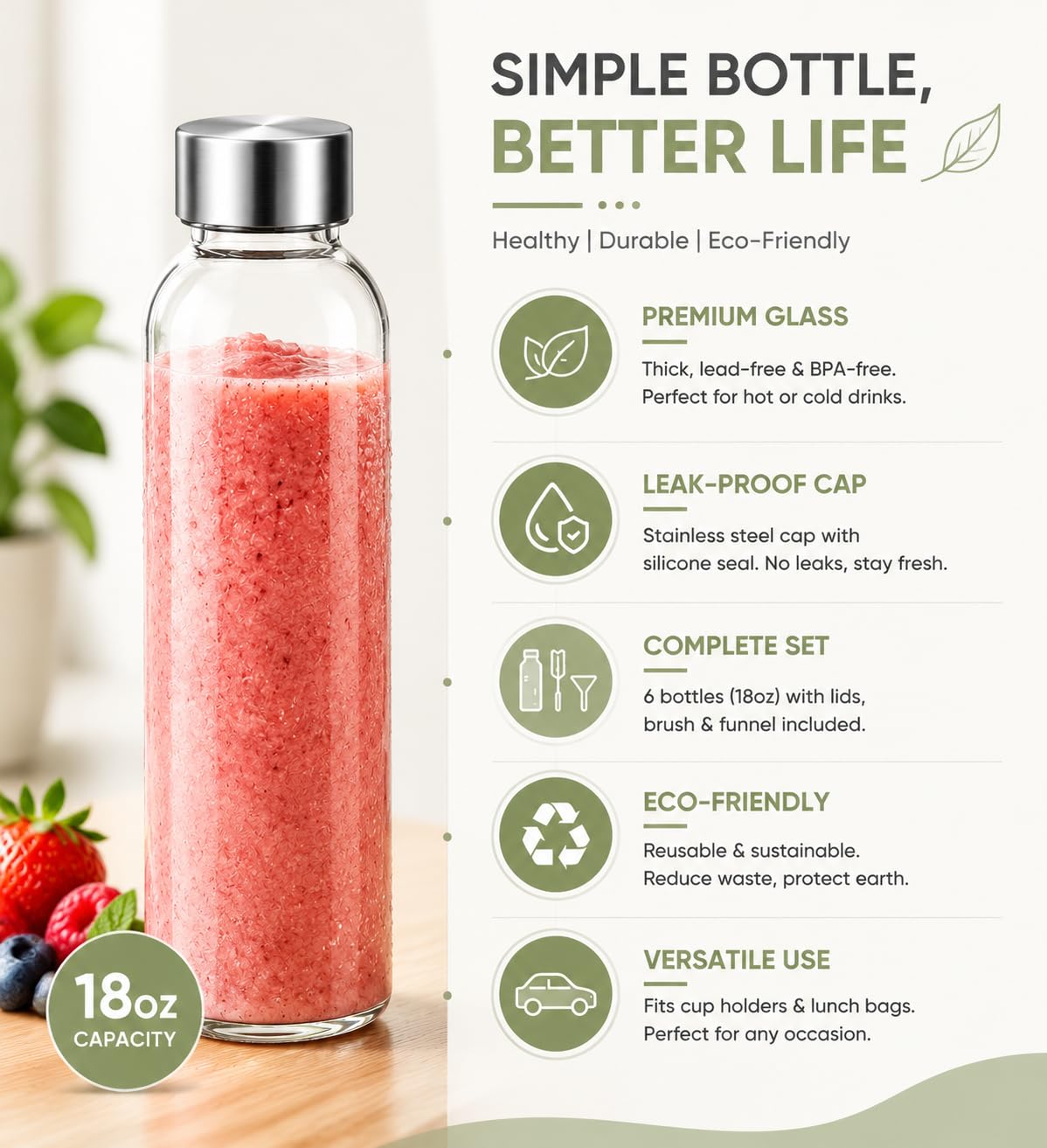 grinkpeak 18oz Clear Glass Water Bottles, Reusable Juice Bottles with Stainless Steel Lids, Leak Resistant Glass Bottles for Smoothies, Juicing, Homemade Drinks