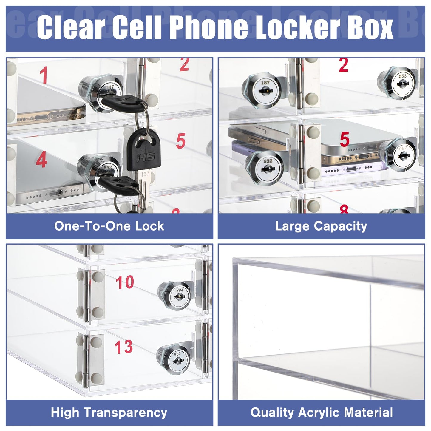 Layhit Clear 15 Slots Cell Phone Locker Box for Classroom Clear Acrylic Cell Phone Storage Cabinet Bin with Door Locks for Classroom School Students Office Factory Employees