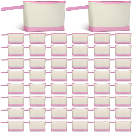 Silkfly 48 Pcs Cotton Canvas Makeup Bags Cosmetic Zipper Bags 10.2 x 5.5 x 2'' Blank DIY Pouch Bulk Pencil Case with Bottom Travel Toiletry Pouch for Women Craft Decor Gift (Beige and Pink)