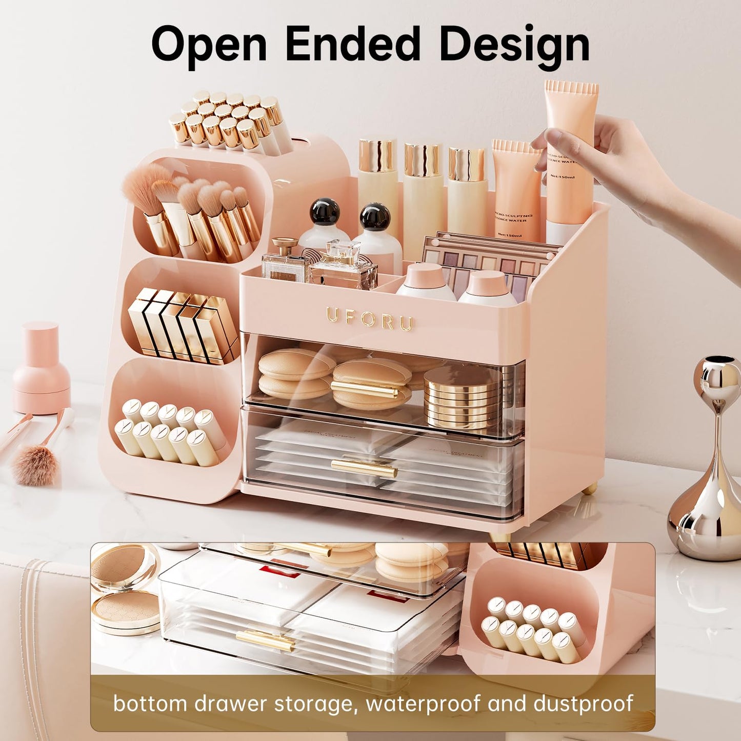UFORU Makeup Organizer for Vanity with Brush Holder, Large Capacity Bathroom Countertop Skincare Organizer with 2 Drawers, Cosmetic Display Case for Perfumes, Eyeshadow Palettes, Nail Polishes