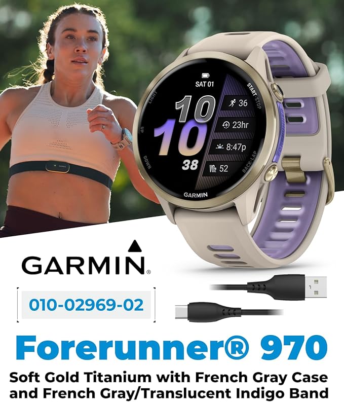 Wearable4U Garmin Forerunner 970 Soft Gold Titanium Smartwatch with French Gray Case and French Gray/Translucent Indigo Band, AMOLED Display with Garmin HRM 600 M-L Power Bank Bundle