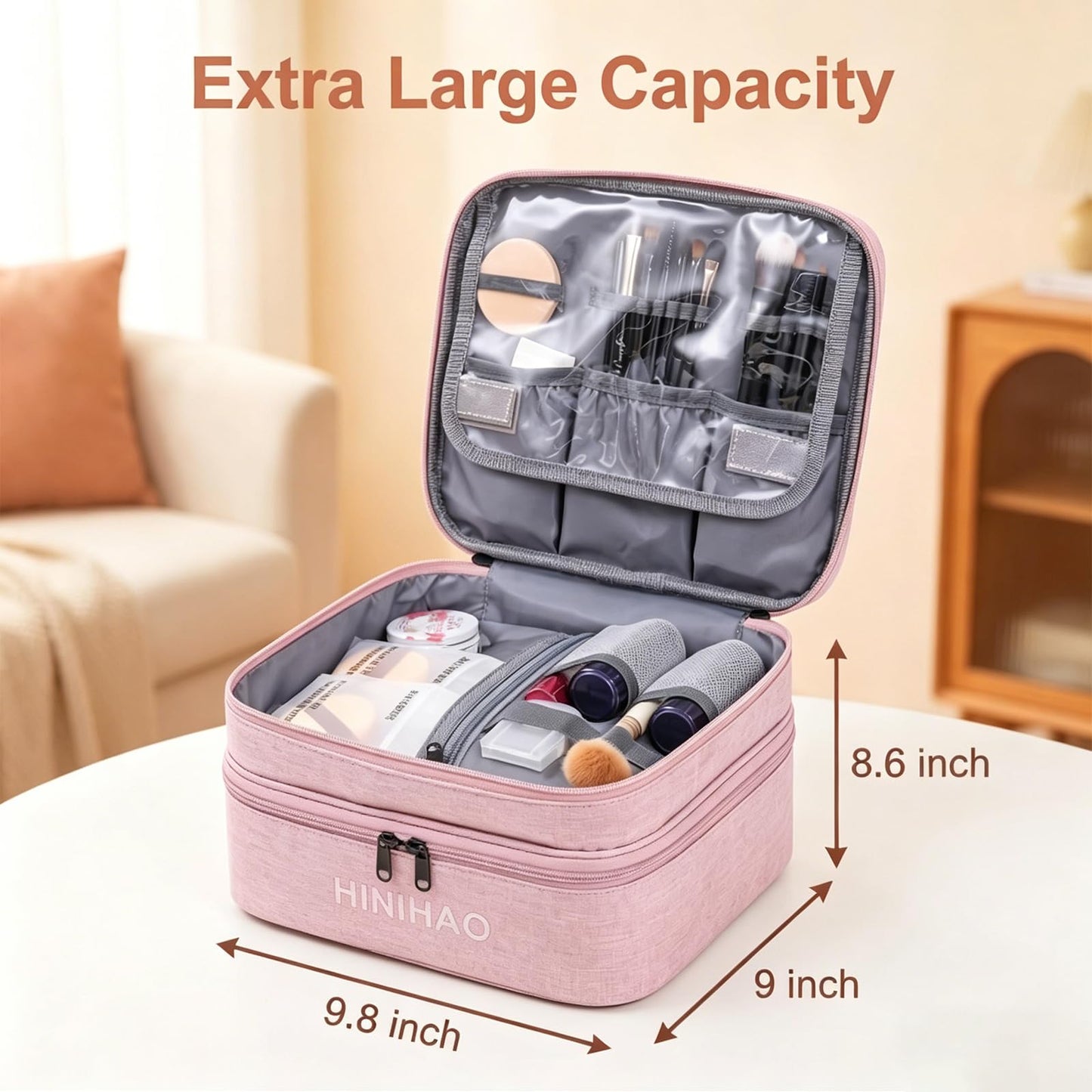 FAYYGYH Makeup Bag, Portable Cosmetic Bag, Travel Makeup Organizer With Handle and Divider, Double Layer Large Organizer Bag, Adjustable Dividers and Brush Organize area- Pink (makeup bag-small)