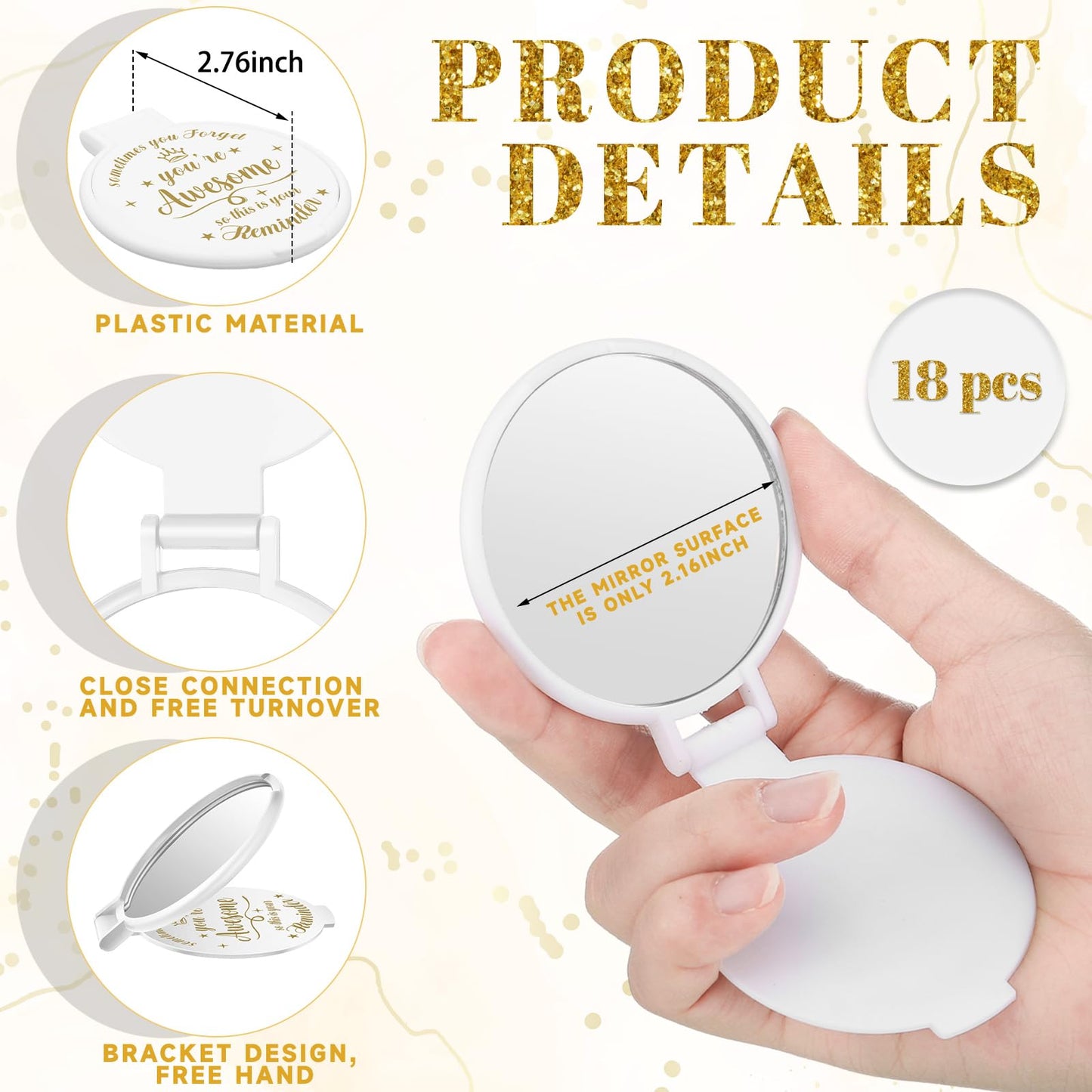 Gulfmew 18 Pcs 2.76 Inch Inspirational Compact Mirror Bulk Women Small Gifts Graduation Mothers Day Party Favors Purse Mirror Pocket Mini Items for Adult Coworker Cheerleader Swag Bag (White)
