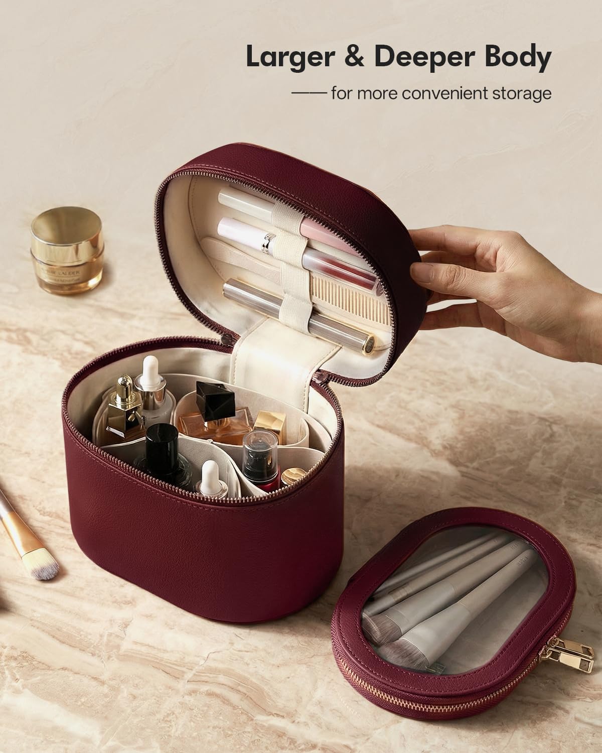 Prite 2 Pcs Makeup Bag Set Travel Cosmetic Case with Waterproof Clear Toiletry Pouch and Removable Divider, Vegan Leather Organizer for Women