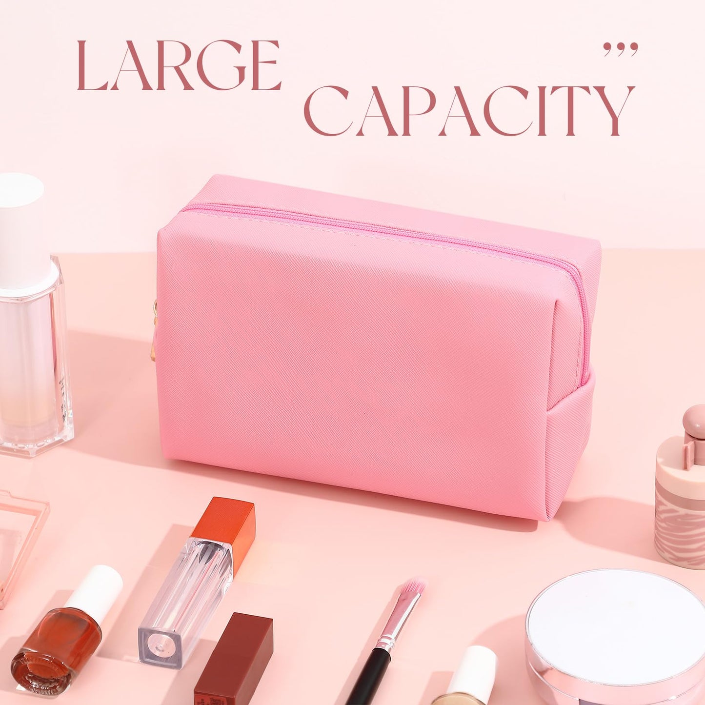 Kigeli Aesthetic Makeup Bags PU Leather Cosmetic Pouches Waterproof Plain Toiletry Bags Makeup Pouches Bulk for Women Party Gift Travel Storage Organizer(Pink Series,7.1 x 2.8 x 4.3 in)