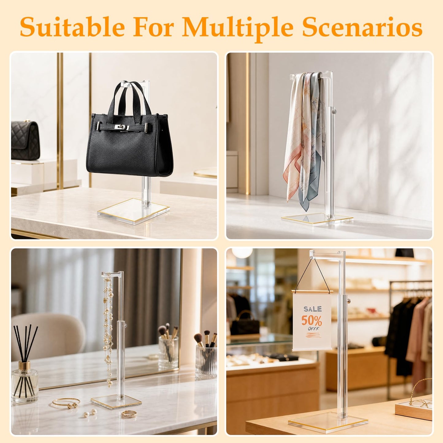 Perposnow Adjustable Purse Display Stands, 2Pcs 14"-24" Height Acrylic Handbag Holder, Durable Evening Bag Rack with Gold Trim Base, Clear Single Hook Purse Stand for Retail Boutique Vendor Closet