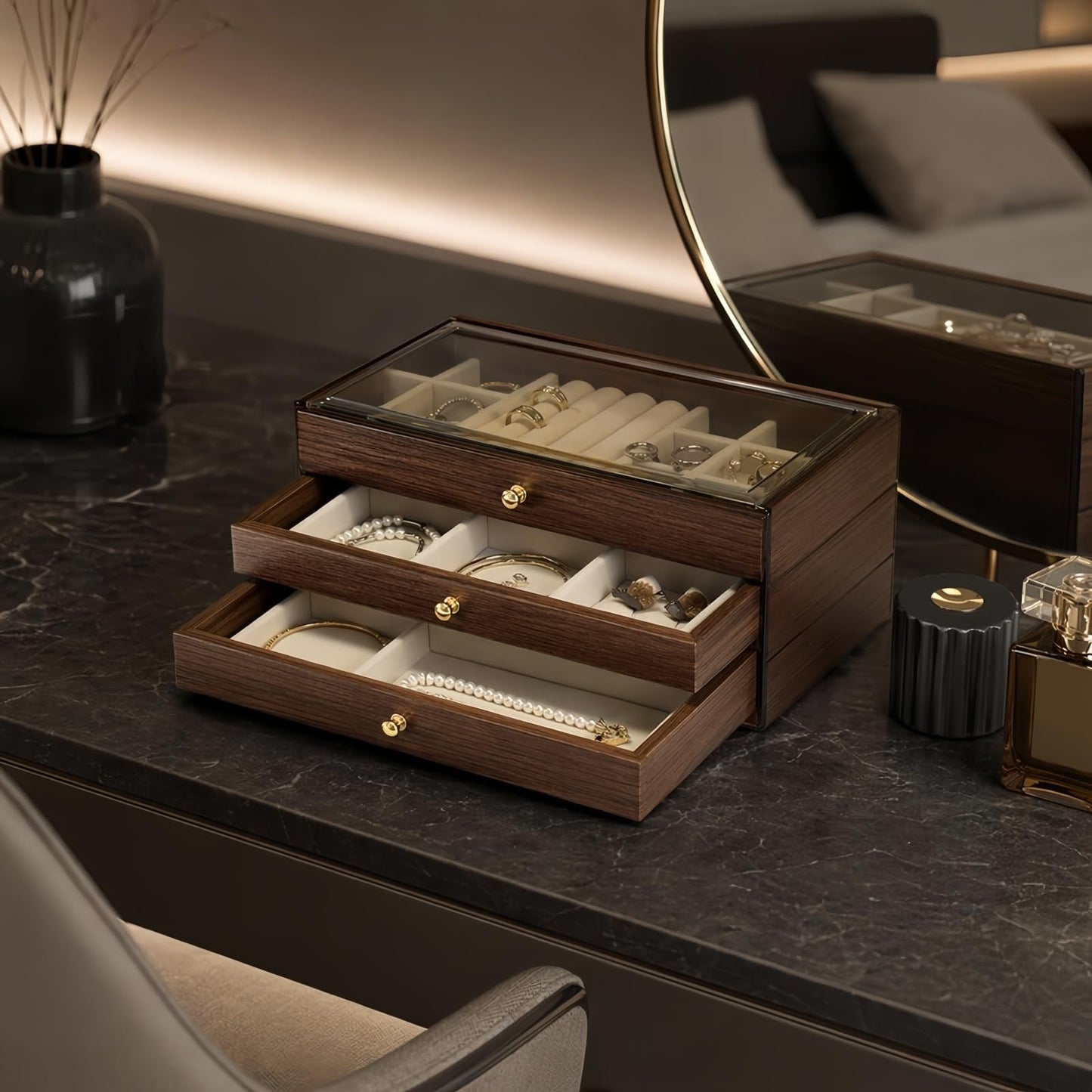 3 - Layer Wooden Drawers Jewelry Box for Women, Jewelry Organizer with Acrylic Cover & Velvet Lining - Adjustable Compartments for Earrings, Rings, Necklaces, Bracelets, Lipstick