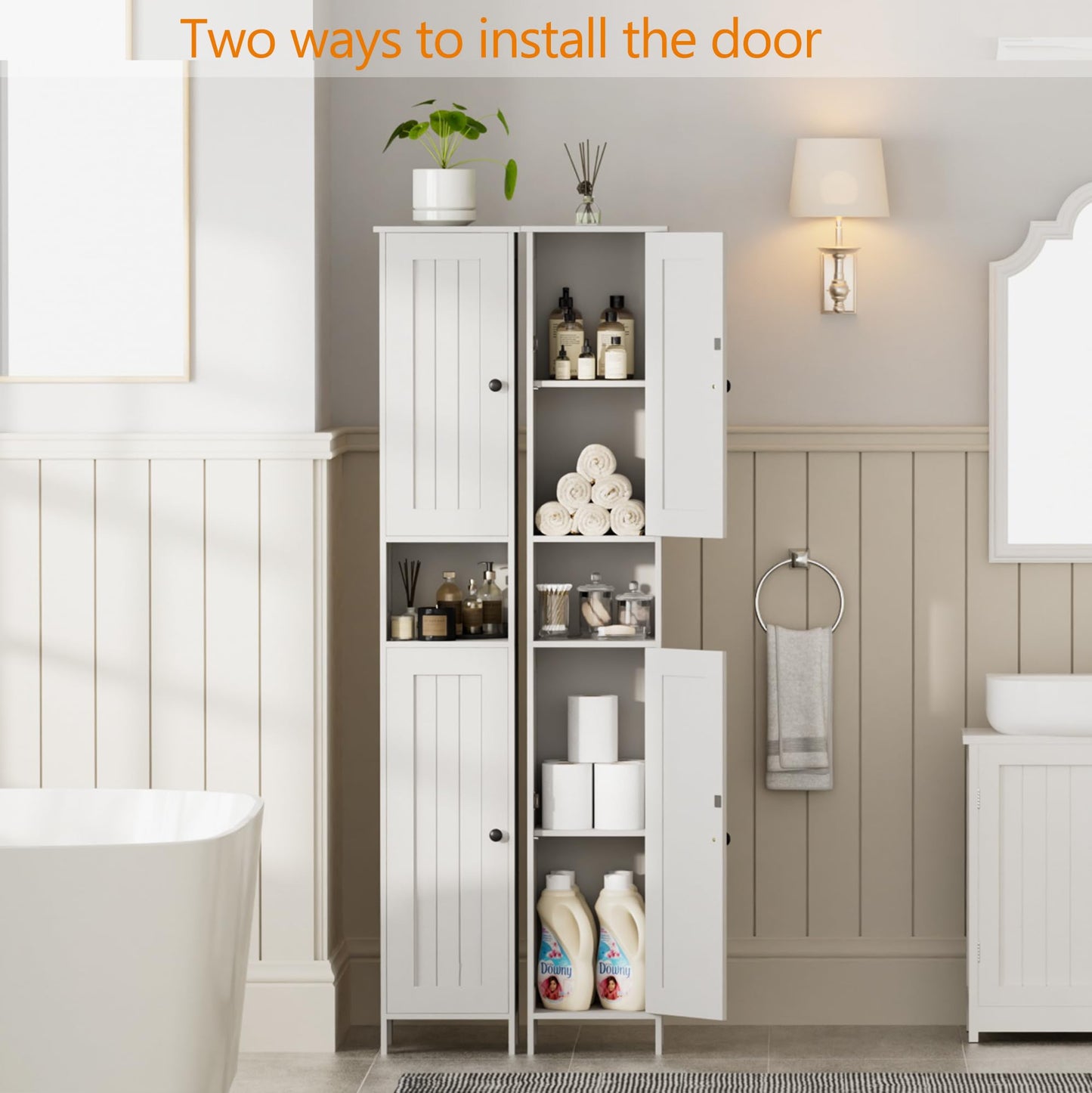 Homleke Tall Bathroom Storage Cabinet with 2 Doors, 67"H Narrow Storage Cabinet with Adjustable Shelves& Anti-Tip Design, Reversible Door Installation, Easy Assembly, 11.8 x 11.8 x 66.9 Inches, White