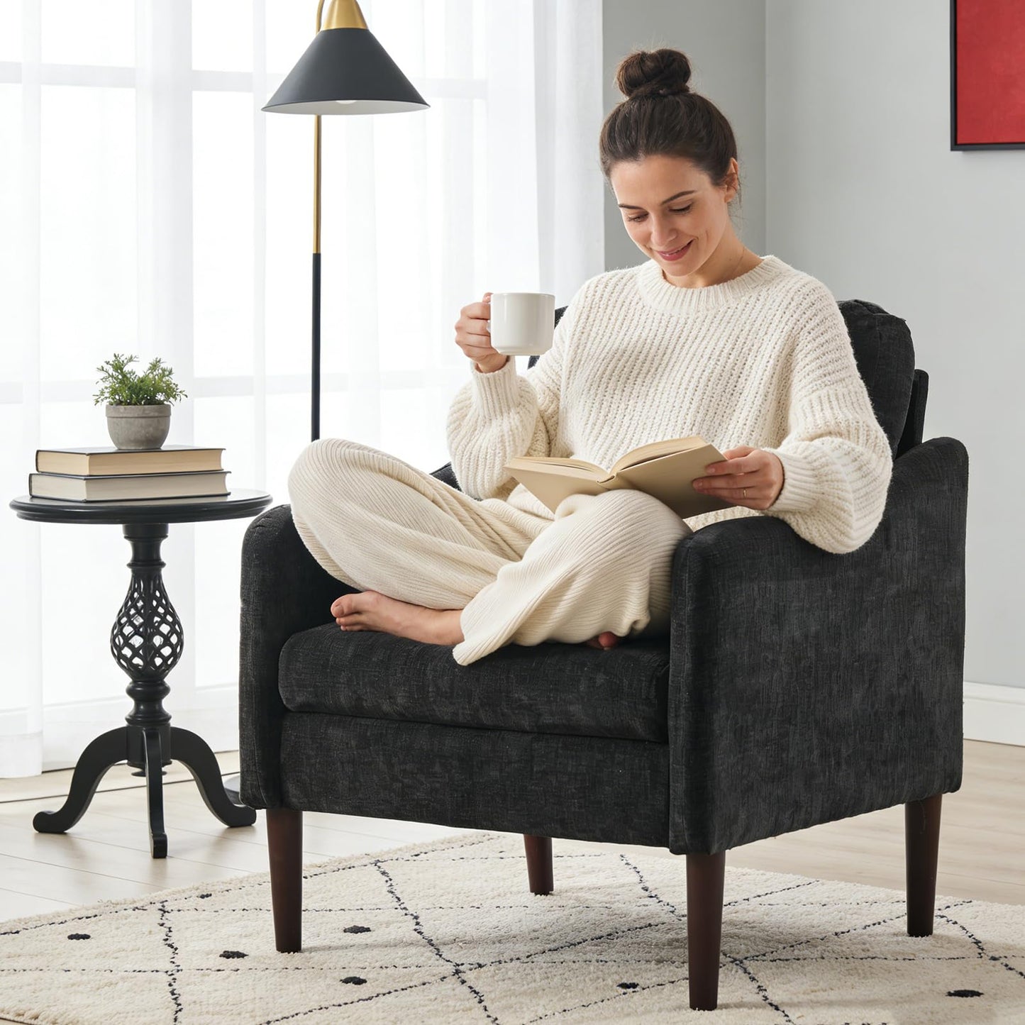 Mid-Century Modern Side Chair, Chenille Fabric Comfy Reading Chair for Adults, Curved Armchair, Modern Cloud Single Sofa Accent Chair for Bedroom, Living Room, Office & Waiting Room,Black