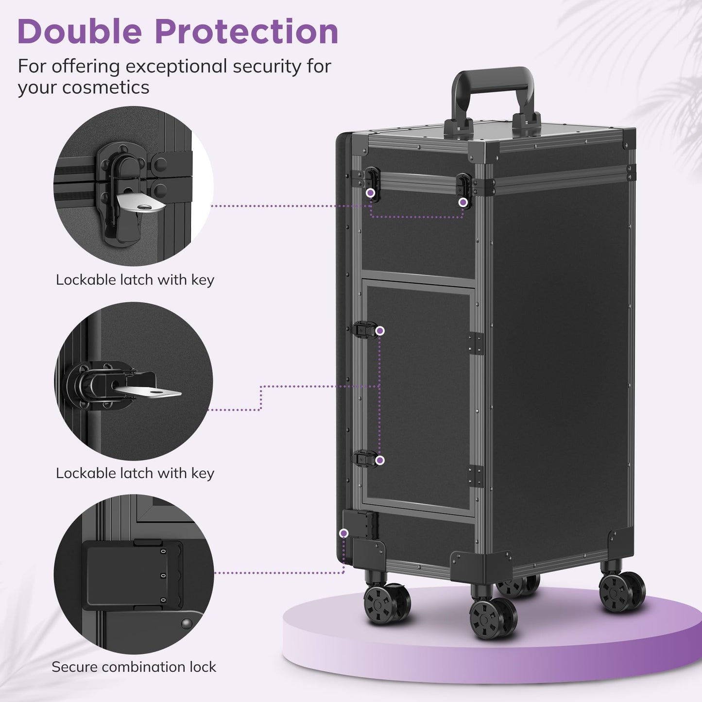 EASYINBEAUTY Rolling Portable Manicure Table with 3 Storage Drawers & Mirror, Lockable Makeup Train Case with Foldable Nail Desk- Cosmetic Travel Case for Mobile Nail Tech & Beauty Salon (Black)
