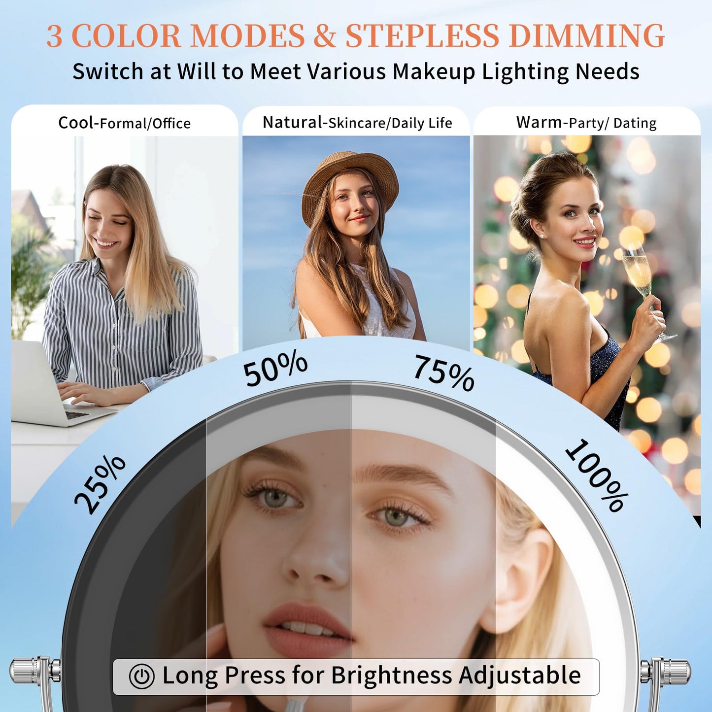 FUNTOUCH 5000mAh Rechargeable Wall Mounted Makeup Mirror with Lights, 9" Double Sided 1X/30X Magnifying Mirror with Dimmable 3 Color Light, Extended Swing Arm 360° Wall Mount Bathroom Mirror,Chrome