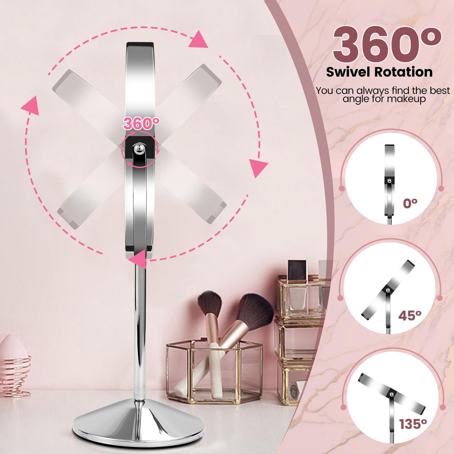 AumVum 8" Makeup Mirror with Lights, Vanity Mirror with 1X/10X Magnification, Touch Screen 3 Colors Dimmable 54 LED Lights Brightness Adjustable 360° Rotation for Tabletop