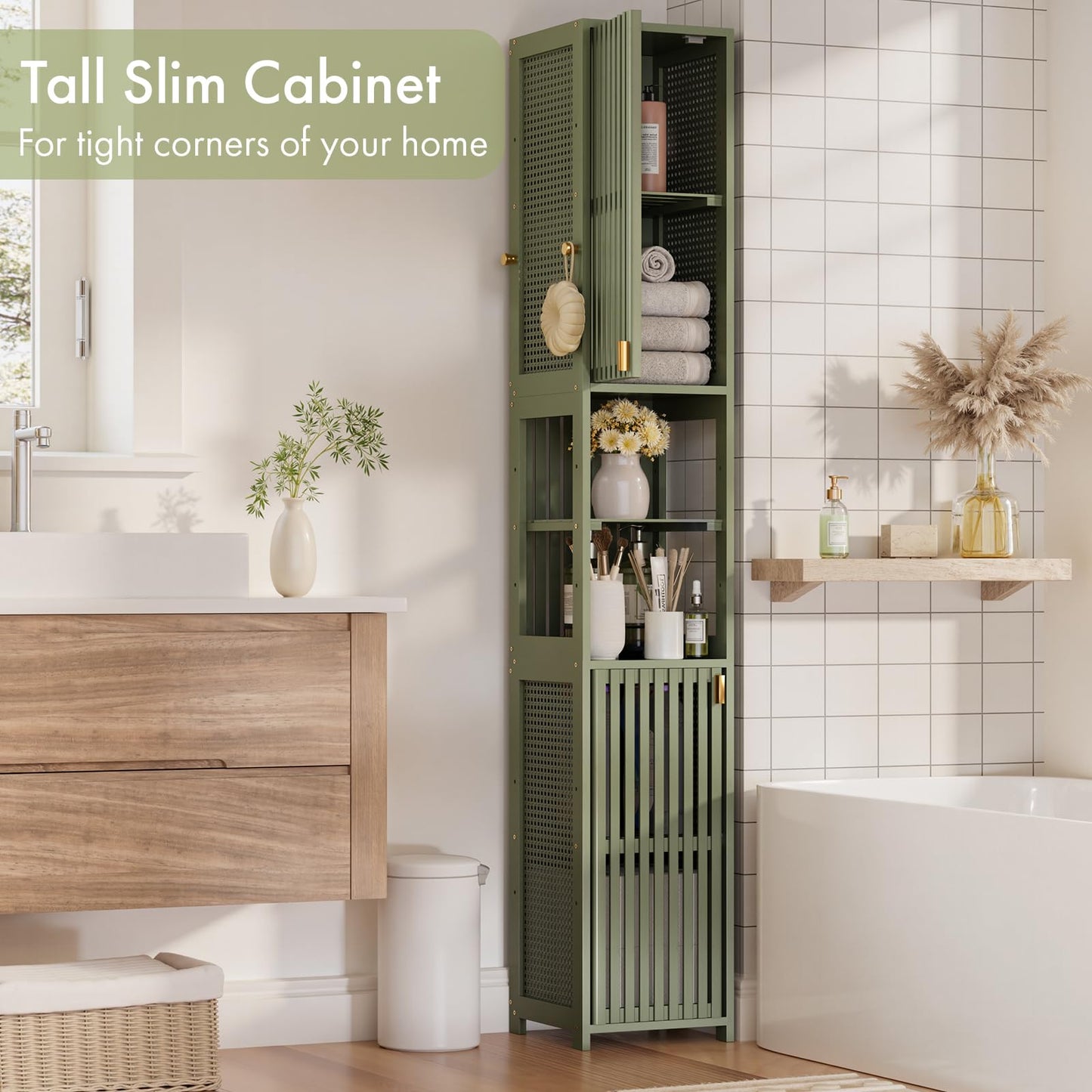 Amazer Tall Bathroom Storage Cabinet 70'', Freestanding Cabinet Storage with Rattan Door and Adjustable Shelves, Bamboo Narrow Storage Cabinet Organizer for Living Room Kitchen, Forest Green