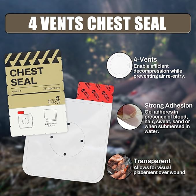 RHINO RESCUE Vented Chest Seal, 4 Vents, Sterile Emergency Trauma Dressing, Occlusive Adhesive Pad, IFAK Trauma Refill Medical First Aid Supplies for Wound Care, Gunshot Wound, Sucking Chest(2 Count)