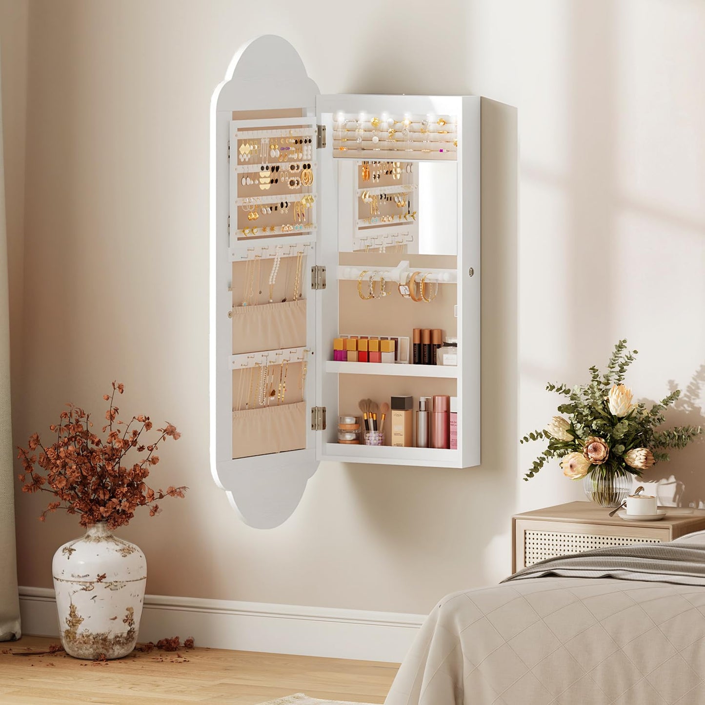 HOOBRO Jewelry Cabinet Wall/Door Mounted, LED Jewelry Organizer, Lockable
