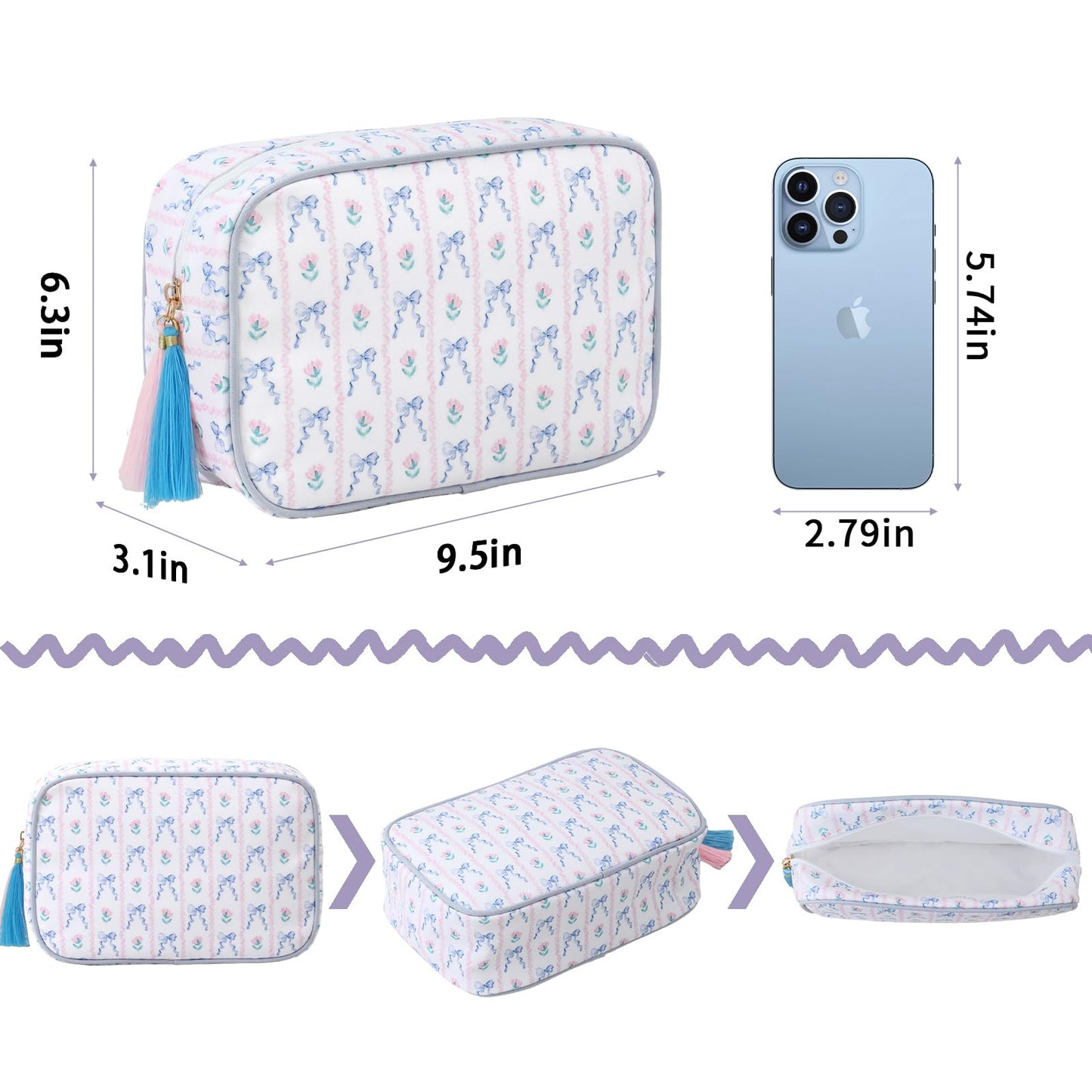 EMBRUNIOICE Makeup Bag Travel Cosmetic Bag Organizer Tassel Toiletry Bag Large Canvas Zipper Pouch and Accessories Storage Bag for Women (Blue Bow)