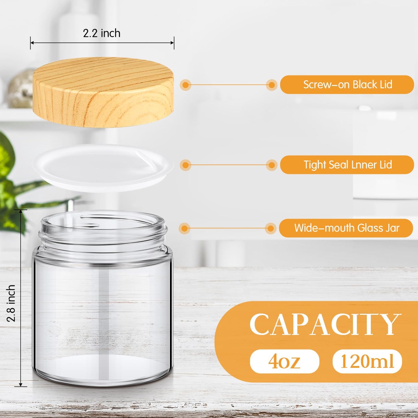 Norme 12 Pcs 4oz Glass Jars with Lids Empty Small Glass Containers and Inner Liners Reusable Cosmetic Jars Round Airtight Bottles with Plastic Wood Grain Lids for Travel