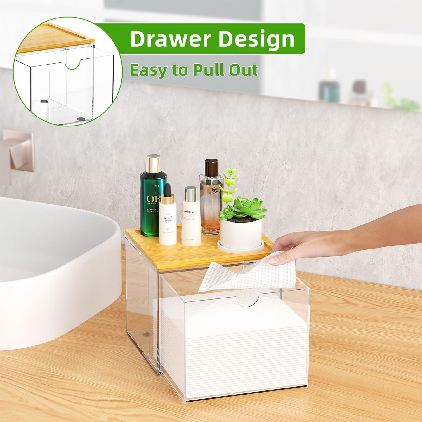 VITVITI Drawer Disposable Face Towel Holder Box, Acrylic Facial Towel Container for XL Clean Skin Club, Large Disposable Face Towels Storage with Bamboo Lid, for Bathroom, Vanity Makeup, Clear