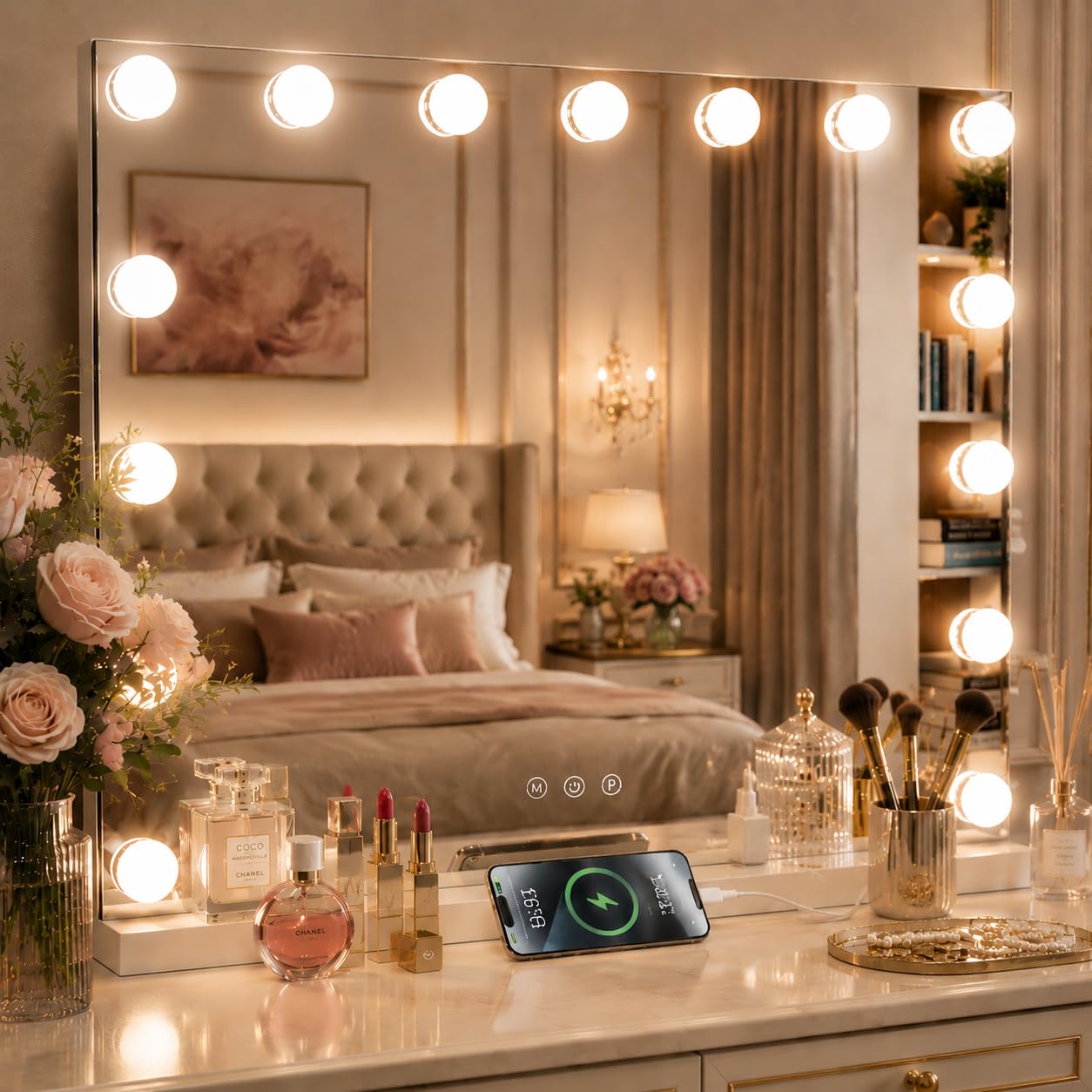 KOHEOPT Hollywood Vanity Mirror with Lights, 15 Dimmable Bulbs, 3 Color Lights,Make Up Lighted Mirror, Aluminum Metal Frame, USB Charging Port（23" x 18"）