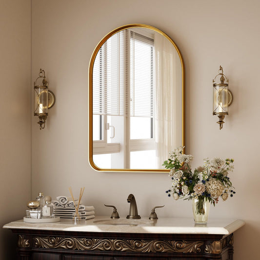 Arched Bathroom Mirror - 30x20 Inch Gold Bathroom Mirror for Wall - Aluminum Alloy Framed Mirror - Arched Top Bathroom Vanity Mirror for Living Room, Bedroom, Mantel, Entryway, and Hallways