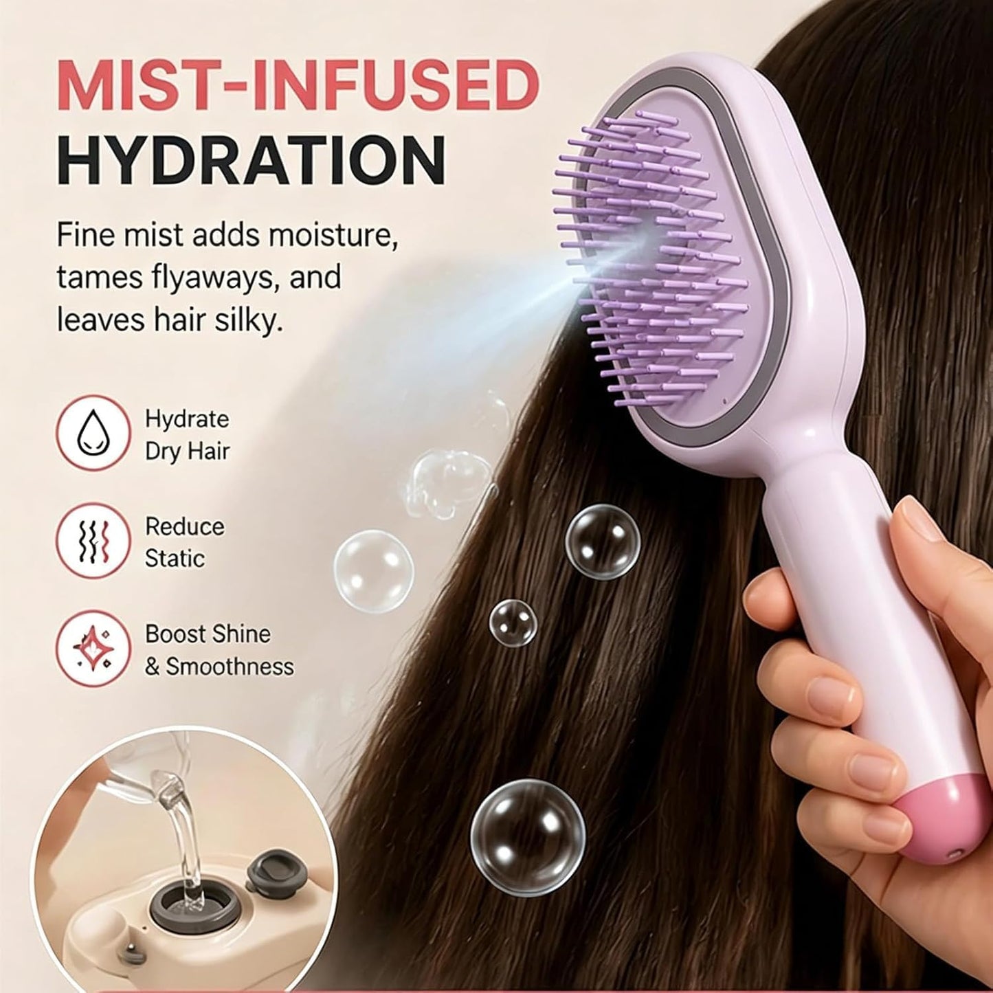 2026 Upgraded Electric Steam Brush for Hair, Electric Spray Air Cushion Massage Comb, Detangling Anti-Static Hair Brush with Self-Cleaning, Red Light Scalp Care, Portable Styling Tool (Off White)