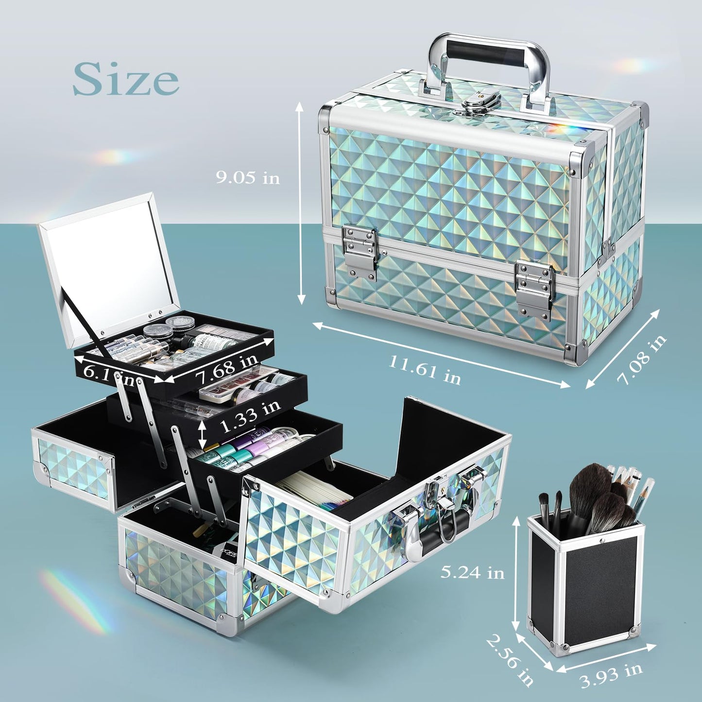 Joligrace Makeup Box 11.6-Inch Cosmetic Train Case for Women Travel Jewelry Organizer with Compartments & Mirror Portable Lockable Make-up Trunk Turquoise