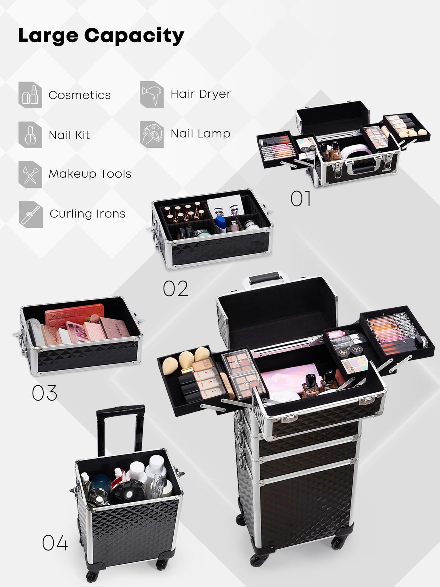 Adazzo Rolling Makeup Train Case 4-in-1 Transformable Cosmetology Case on Wheels, Large Makeup Cart with 4 Extendable Trays, Lockable Nail Supply Storage, Travel Makeup Case for Professionals