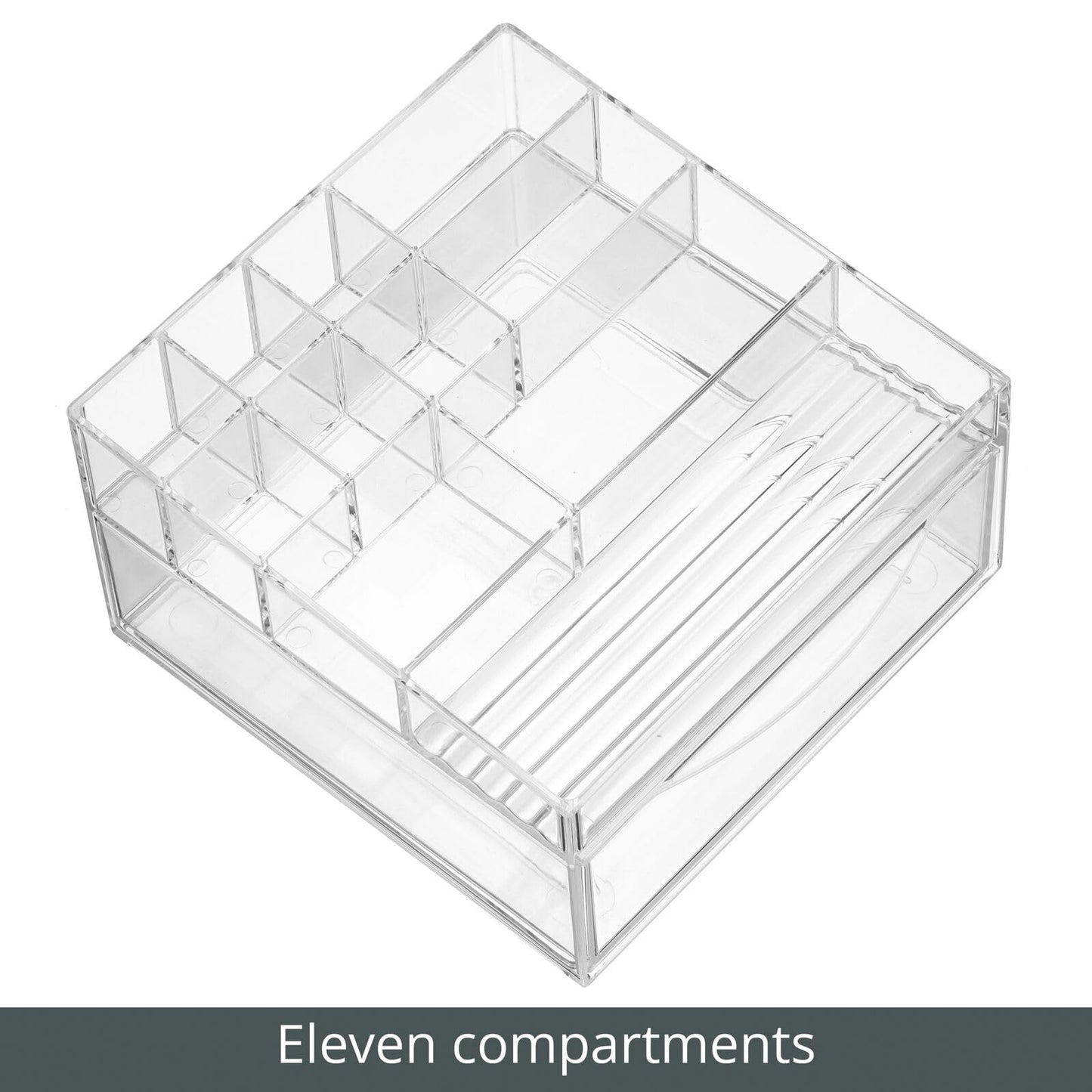 mDesign Plastic Divided Makeup Organizer Holder Bin with Front Drawer for Bathroom Vanity, Countertop Storage - Cosmetic Organization Holds Palettes, Brushes, Accessories - Cadi Collection - Clear