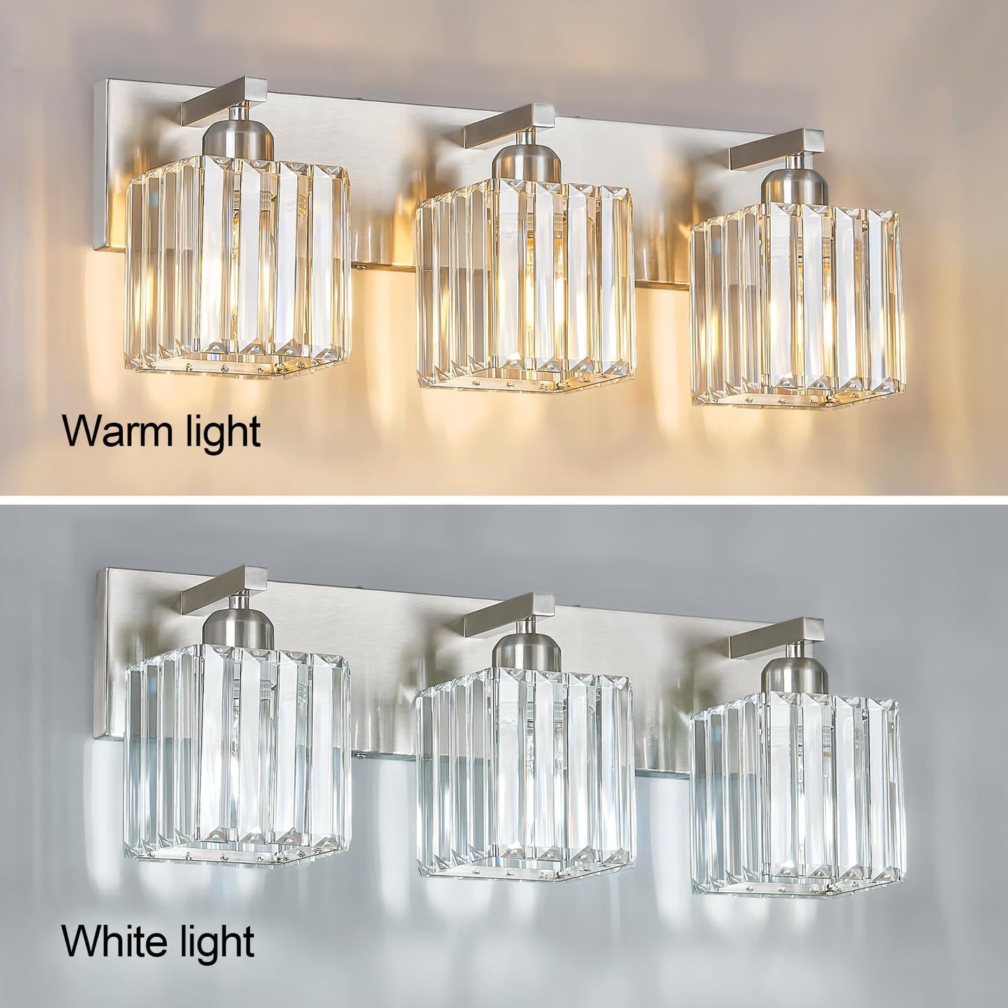 FDPBY Modern Vanity Light 3-Lights Brushed Nickel Vanity Light Crystal Bathroom Wall Light Bathroom Light Fixtures