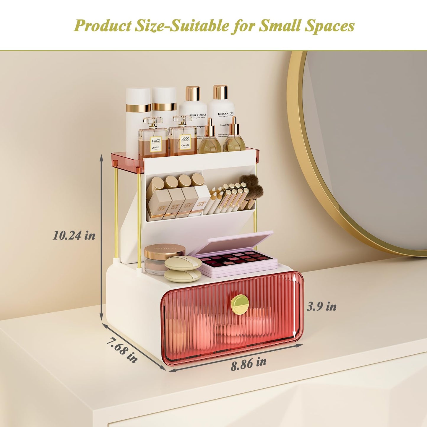 FOLLOWIN Bathroom Organizers and Storage with Drawer, Vanity Storage Organizer with Makeup Brushes Holder, Perfume Lotion Cosmetic Organizer, Blush Pink