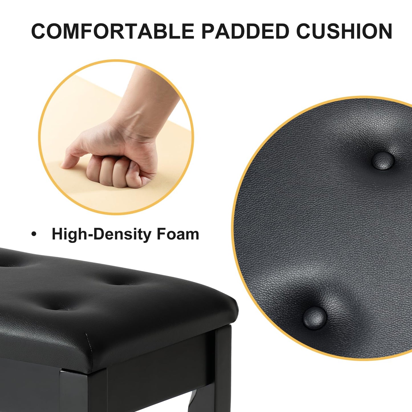 FILISITE Wooden Piano Bench with Storage, Piano Stool with Waterproof Padded Cushion, Bench Seat for Vanity, Living Room, Bedroom (Black)