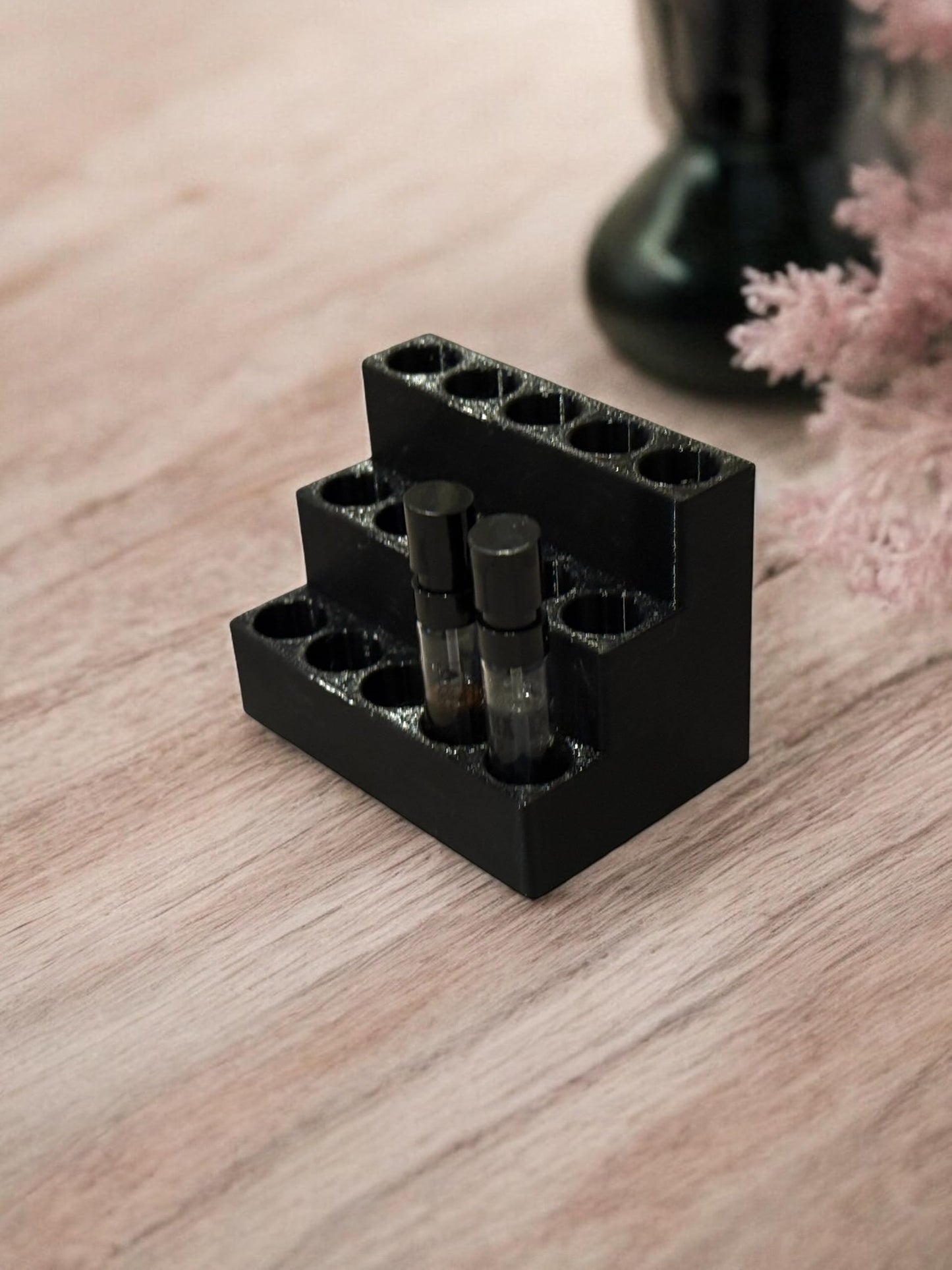 Gallery of Drip 2mL Perfume Sample Organizer – Tiered Display Holder for 15 Mini Fragrance Vials, 3-Tier Perfume Tester Storage Stand, Vanity & Desk Fragrance Sample Rack (Obsidian Black)