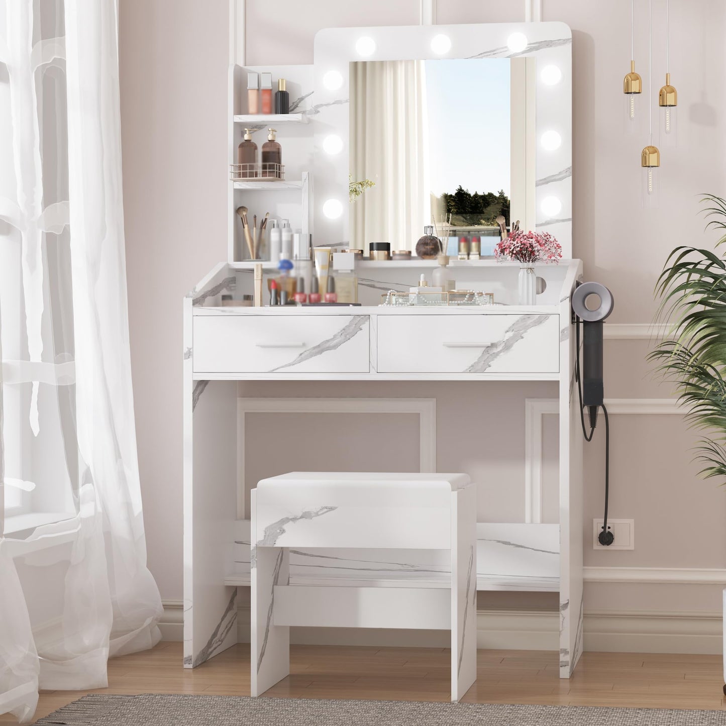 Garvee Marble White Vanity Table Set with Large Mirror – Dimmable LED Lights, 7 Drawers, Cushioned Stool, Adjustable Lighting, Power Outlet, Hairdryer Holder – Bedroom, Marble White