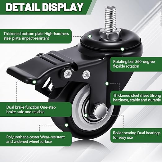 Set of 8 M8 Caster Wheels 2 Inch M8 x 15 mm Swivel Threaded Stem Caster Locking Standing Desk Wheels Heavy Duty 360° Polyurethane with Dual Brake, No Noise, 400 lb for Cart Desk Furniture