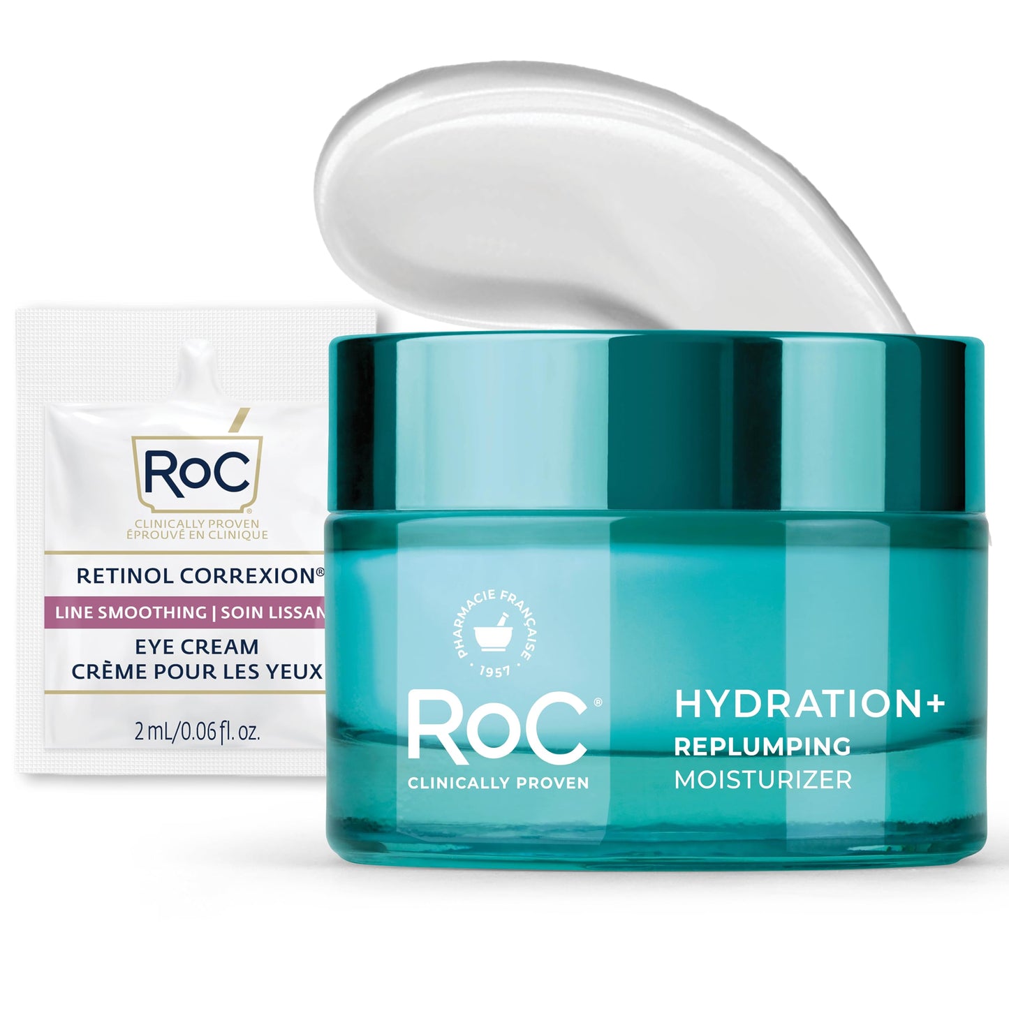 RoC Hydration+ Hyaluronic Acid Moisturizer Face Cream Fragrance Free Sensitive Face Moisturizer with Collagen Proteins 1.7 Ounces with Retinol Eye Cream Packette