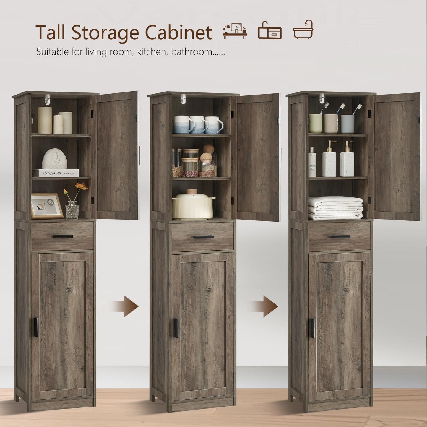 usikey 67'' Tall Storage Cabinet, Narrow Bathroom Floor Storage Cabinet with 4 Shelves & 2 Doors, for Bathroom, Living Room, Rustic Gray UNSNG040M