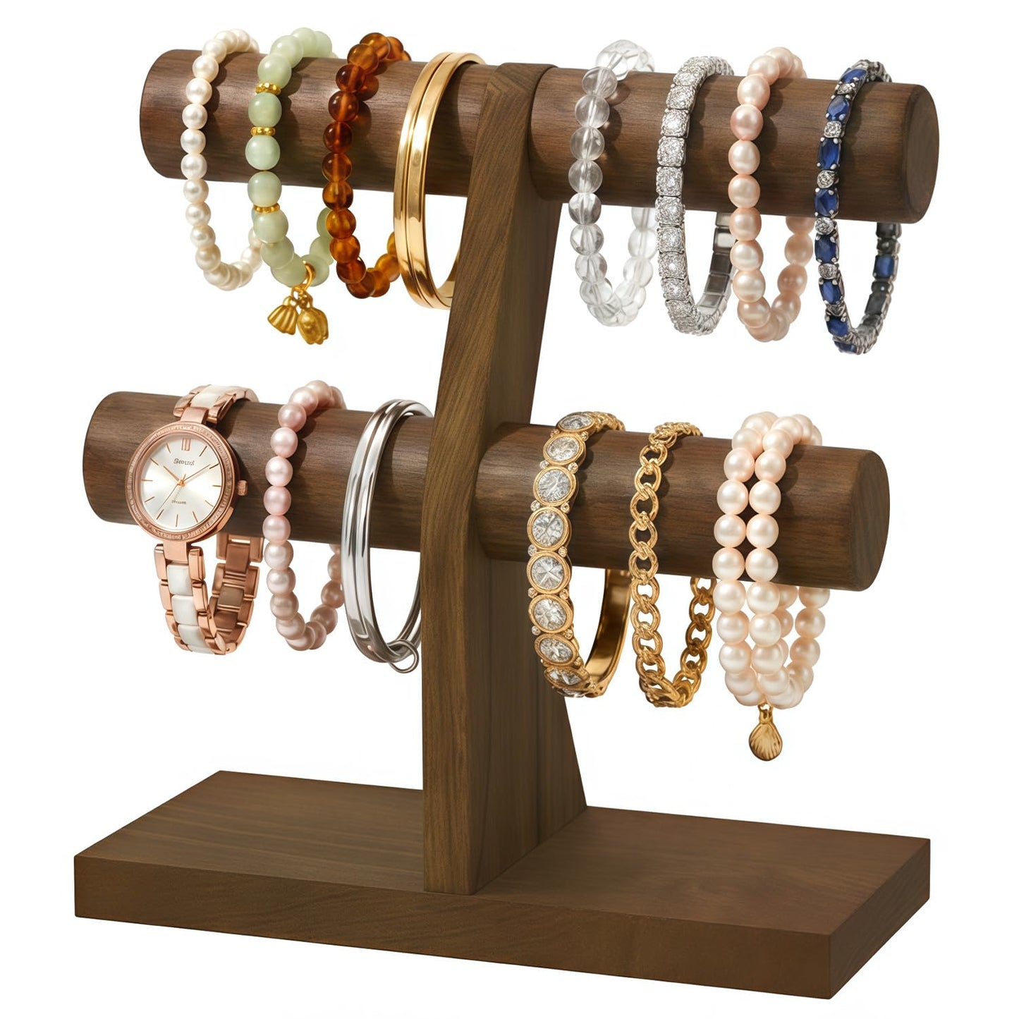 MODOWEY Bracelet Holder Organizer Display Stand, 2 Tier Wooden T Bar Bangle Rack for Dresser, Small Jewelry Hanger with Rod for Vendor Selling, Desktop Vertical Jewellery Tree for Home Business, Brown