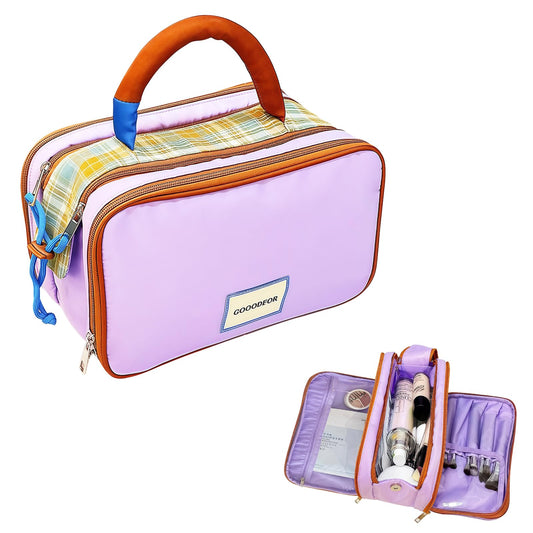 Cozomga 3 - Layer Large - Capacity Makeup Cosmetic Toiletry Bag with Double Zippers & Wide Opening, Portable Travel Organizer for Cosmetics & Toiletries，Purple