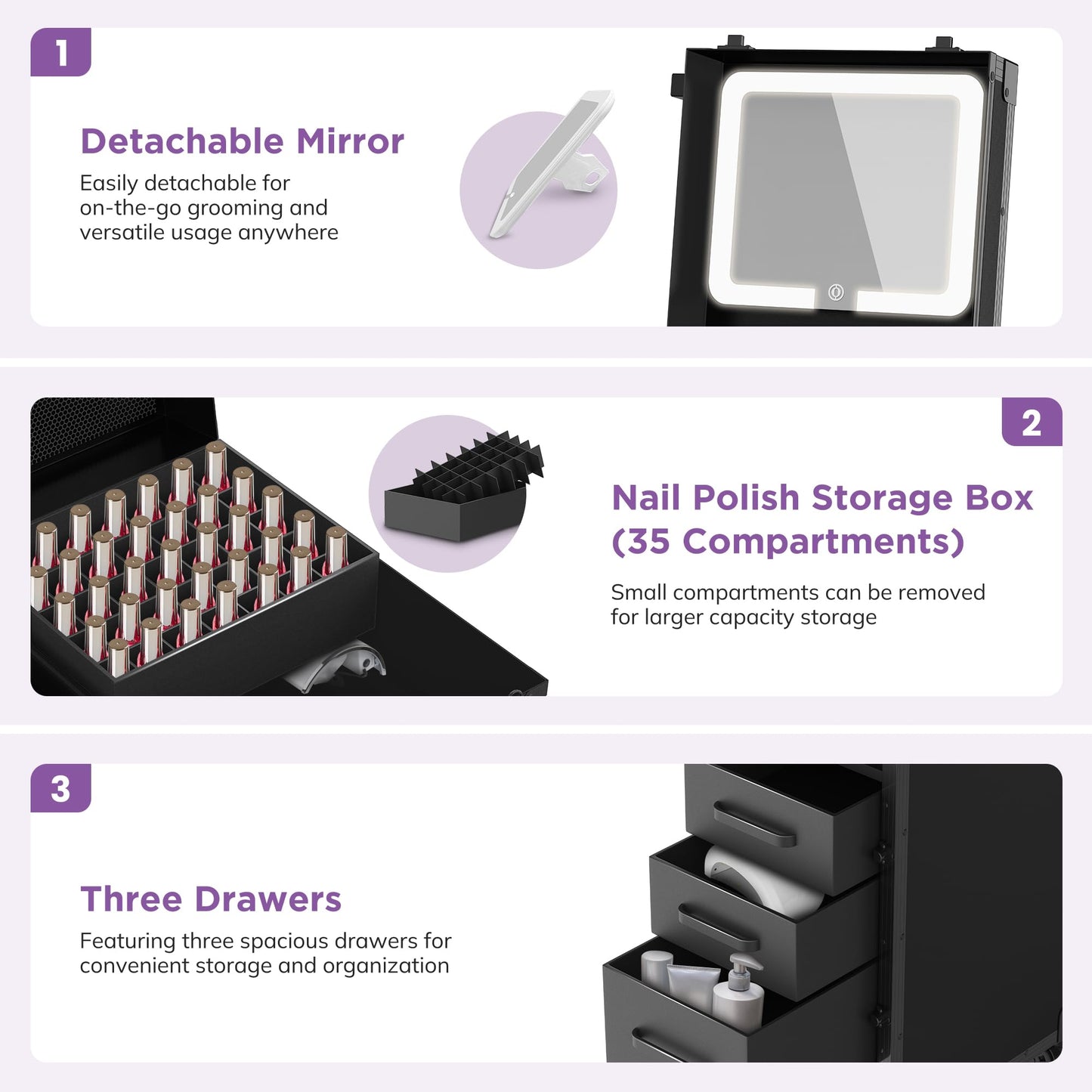 EASYINBEAUTY Rolling Portable Manicure Table with 3 Storage Drawers & Mirror, Lockable Makeup Train Case with Foldable Nail Desk- Cosmetic Travel Case for Mobile Nail Tech & Beauty Salon (Black)