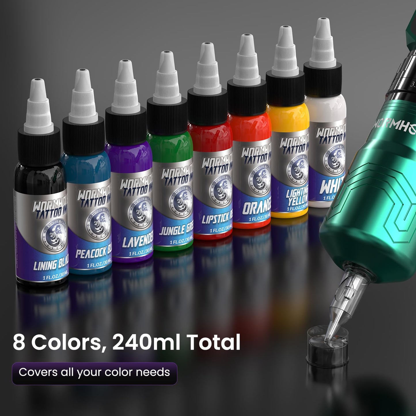 Wormhole 2PCS 2,300mAh Batteries Tattoo Gun Kit 8PCS 30ML Tattoo Inks Wireless Tattoo with 7 Adjustable Strokes Smart Display with 4 Memory Storage 3 Working Modes for Artist WTK0293