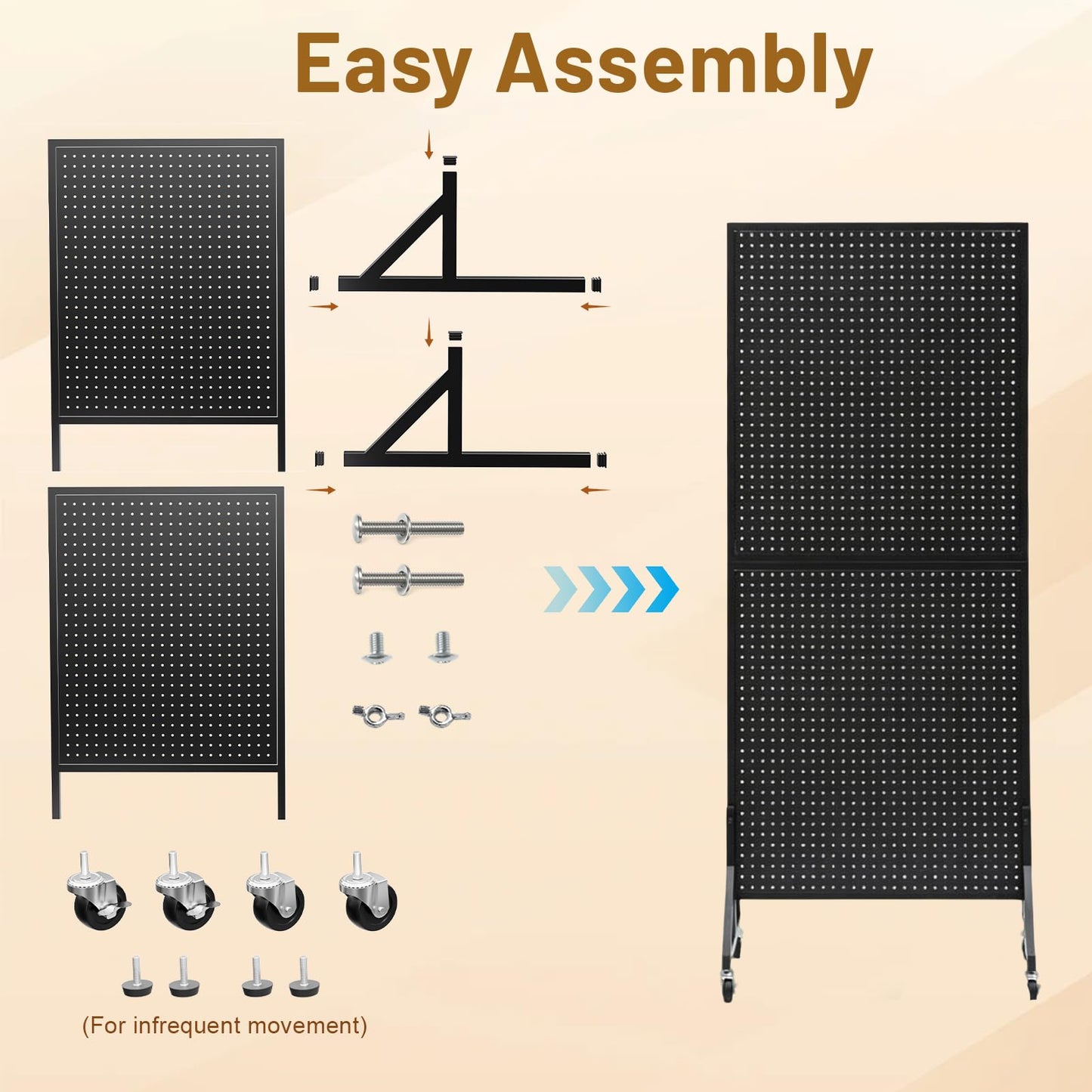 UEAKPIC Metal Pegboard Display Stand 66" x 24”, Pegboard Shelf with 30 Hooks, 4 Wheels and 4 Leveling Feet, Peg Board Panels Display Rack for Retail Store, Craft Show, Garage, Jewelry Organizer, Black