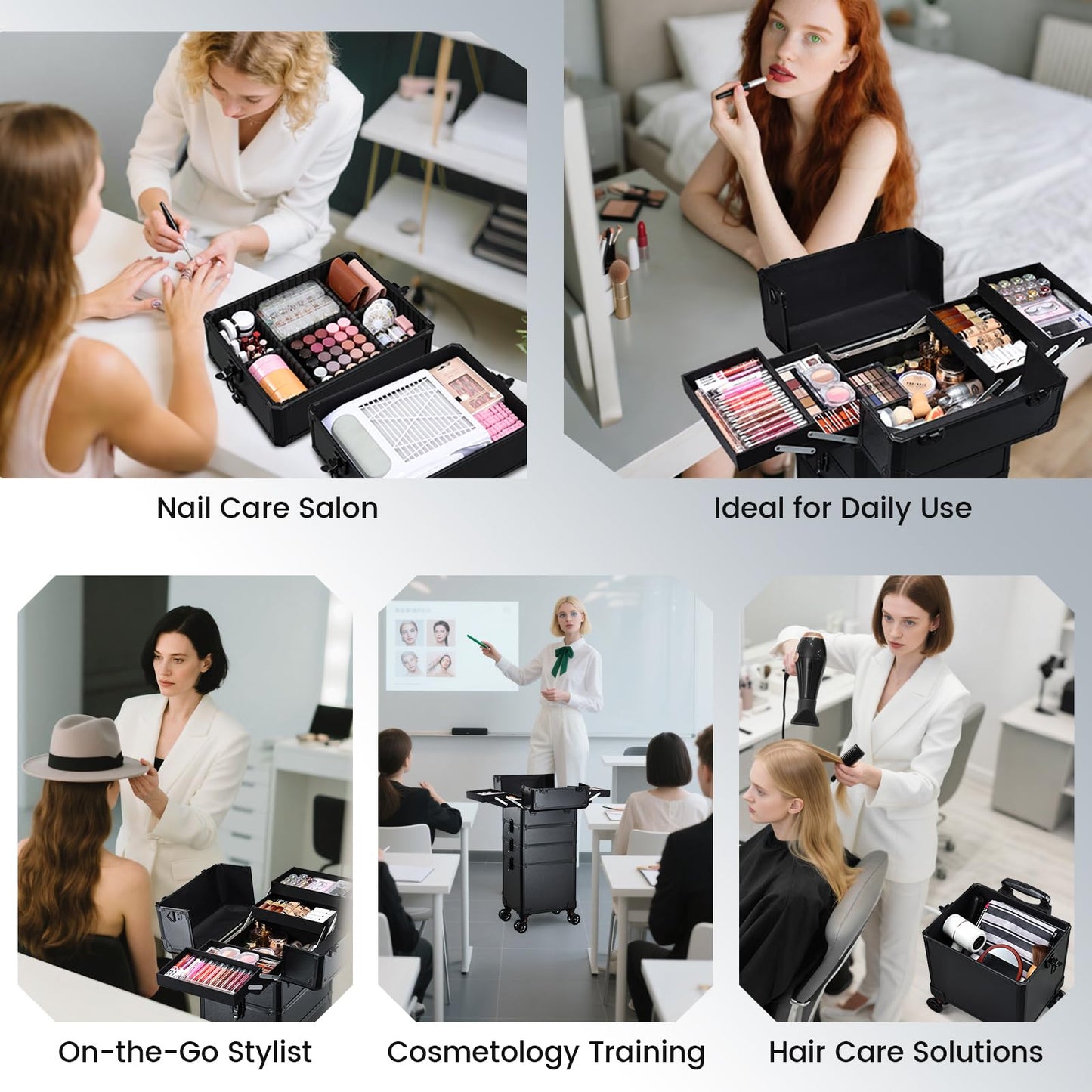 Rolling Makeup Case Makeup Train Case with Lid 5 in 1 Cosmetology Case on Wheels Cosmetic Trolley Organizer Large Makeup Organizers Case Profesional Cosmetic Case for Salon Barber Nail Beauty, Black