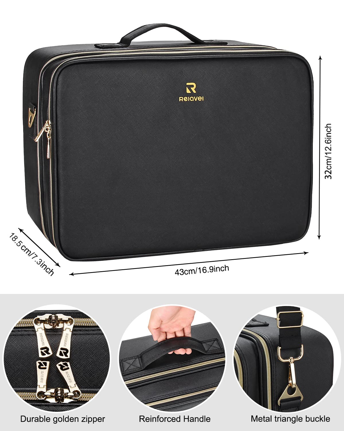 Relavel Extra Large Makeup Case Travel Makeup Bag Professional Leather Artist Bag Portable Cosmetic Brush Holder Organizer Nail Organizer Box with Adjustable Dividers