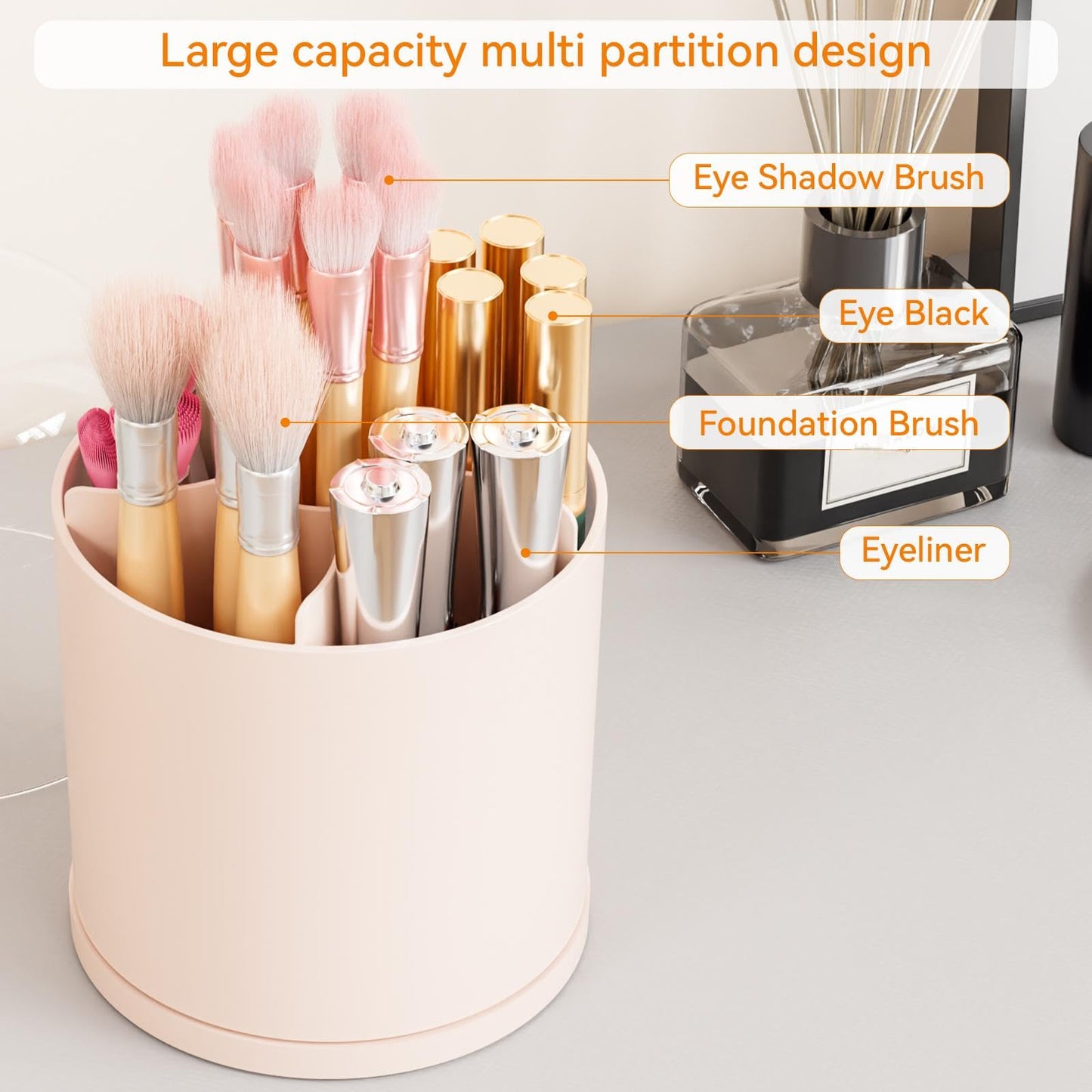 Yieach Rotating Acrylic Makeup Brush Holder with Lid for Vanity,Bathroom,Countertop,Covered Makeup Brushes Organizer,Round Spinning Cosmetic Brushes Holder and Make up Brush Storage with Cover,Pink