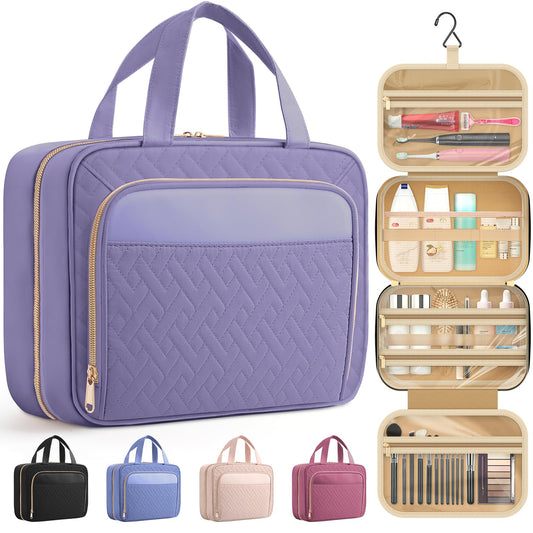 HOTOR Travel Toiletry Bag for Women & Men, Waterproof Makeup Bag with Hanging Hook and Multiple Pockets, Cosmetic Bags for Women, Travel Essentials, 11.2'' x 3.2'' x 8.9'', Light Purple