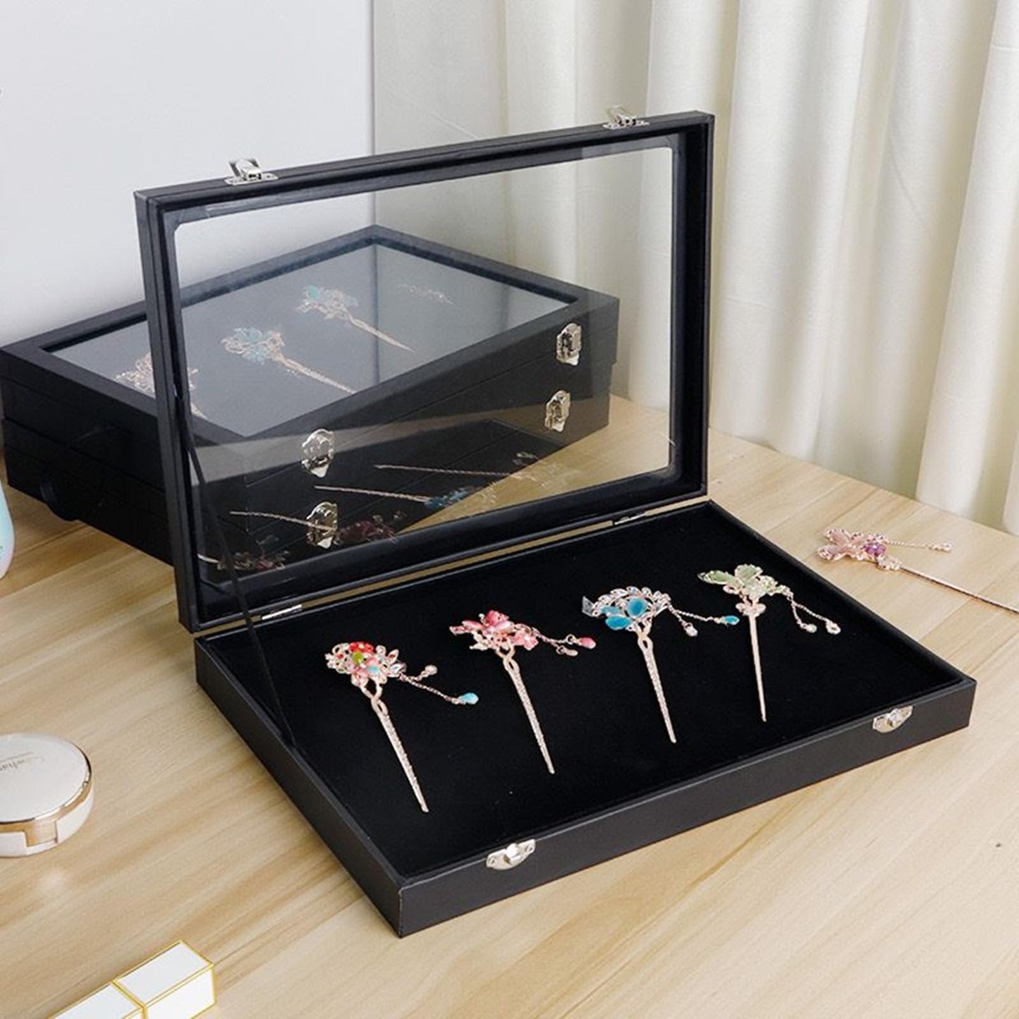 TANG SONG 13.8'' x 9.45'' Brooch Storage Box Lapel Pin Display Case Jewelry Organizer Showcase (Black)