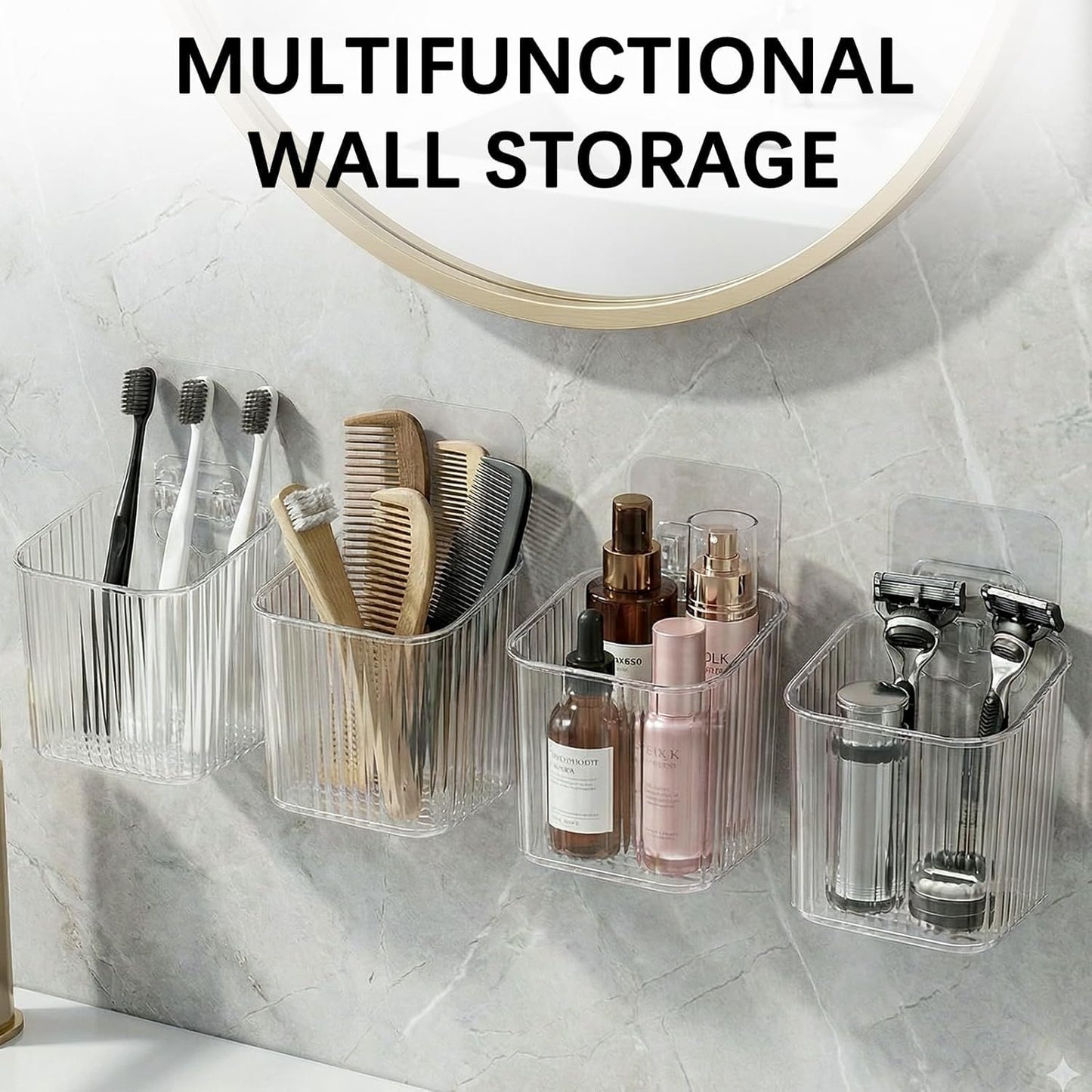 6Pack small Wall Mount Organizer, Adhesive Cabinet Door Storage Bins, Clear Makeup Container, Stackable Organizer Basket for Kitchen, Bathroom, rv, Pantry, Office，Refrigerator Small Items storage