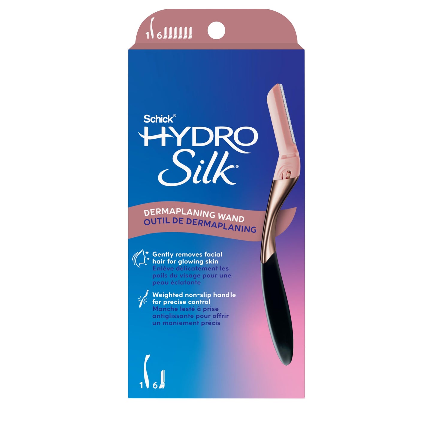 Schick Hydro Silk Dermaplaning Wand,Dermaplaning Tool for Face | Dermaplane Razor for Women Face,Eyebrow Razor,Peach Fuzz Remover,Includes 1 Weighted Metal Handle with 6 Refill Blades,(Pack of 12)